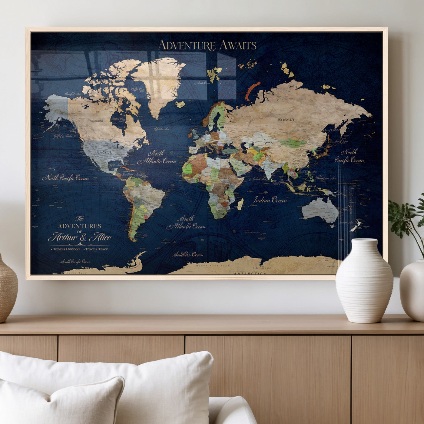 43160428-MGV-FP-36X24-3P_Natural-Adventure Awaits Navy Blue World Map – Vibrant Travel Canvas Wall Art, Antique Atlas Print, Wanderlust Decor for Home Office