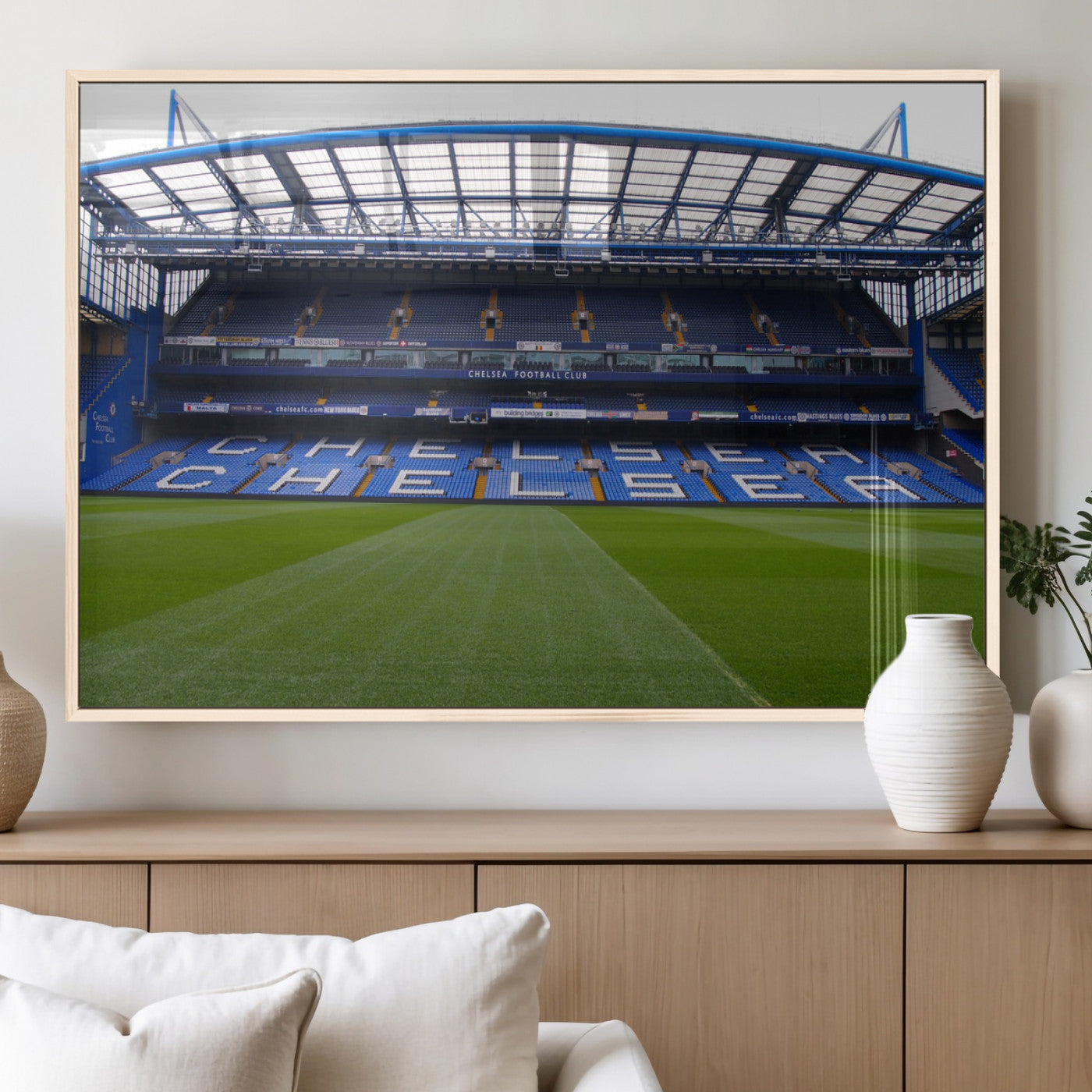 38616413CHELSA-MGV-FP-36X24-3P_Natural-Chelsea Stadium Wall Art – Panoramic Football Field Canvas Print, Game Day Sports Decor for Living Room, Office, or Man Cave