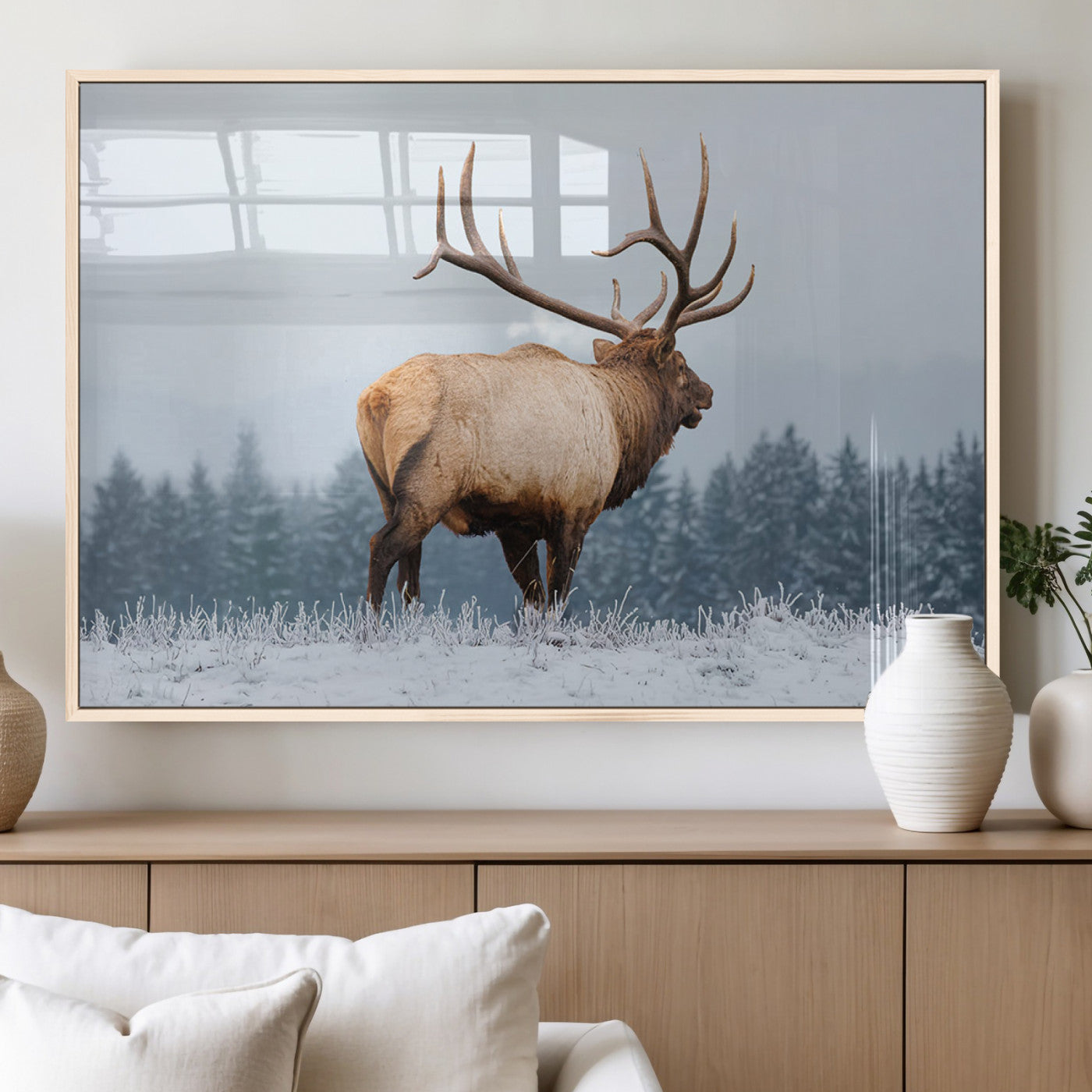 85177251-MGV-FP-36X24-3P_Natural-Elk Wall Art – Majestic Wildlife Canvas Print of Bull Elk Snowy Forest, Rustic Nature Decor for Living Room, Cabin, or Office