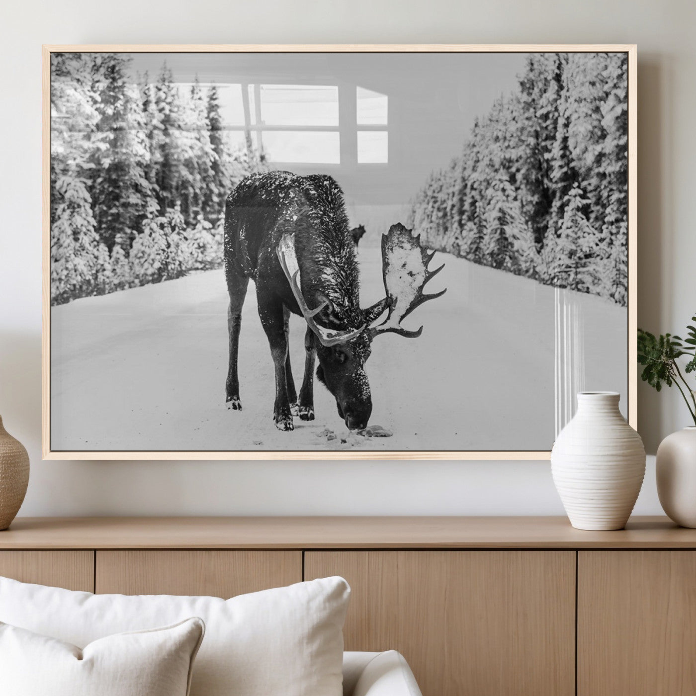 38956835-MGV-FP-60X30-3P_Natural-Moose Winter Snowy Forest Canvas Wall Art – Wildlife Nature, Antlers in Frozen Landscape, Quiet Path, Cold Season Outdoors Print