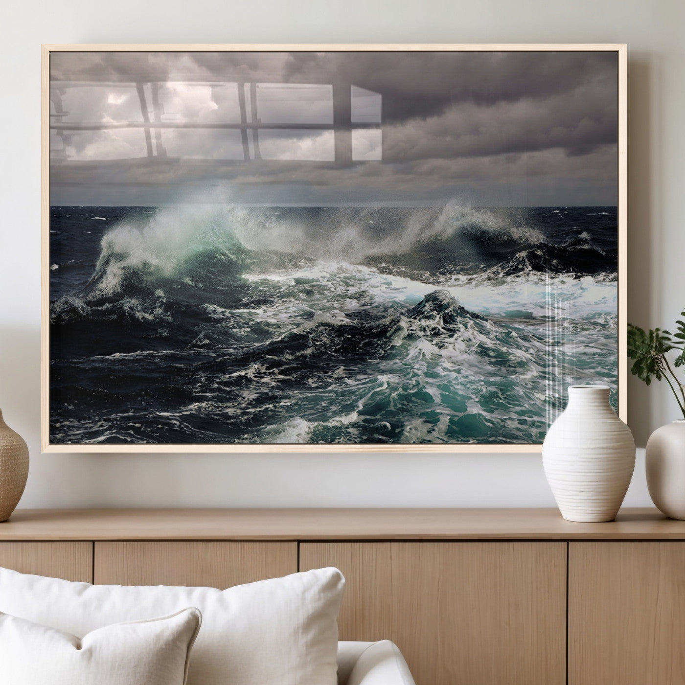 38622353-MGV-FP-60X30-3P_Natural-Stormy Ocean Waves Canvas Wall Art – Framed Turbulent Sea Print, Large Nature Canvas for Coastal, Living Room, or Office Spaces