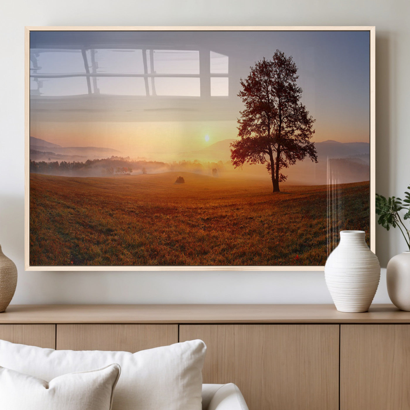 57919623-MGV-FP-60X30-3P_Natural-Golden Sunrise Landscape Canvas Wall Art - Framed Misty Field Print, Large Nature Canvas for Living Room, Office, or Home Decor
