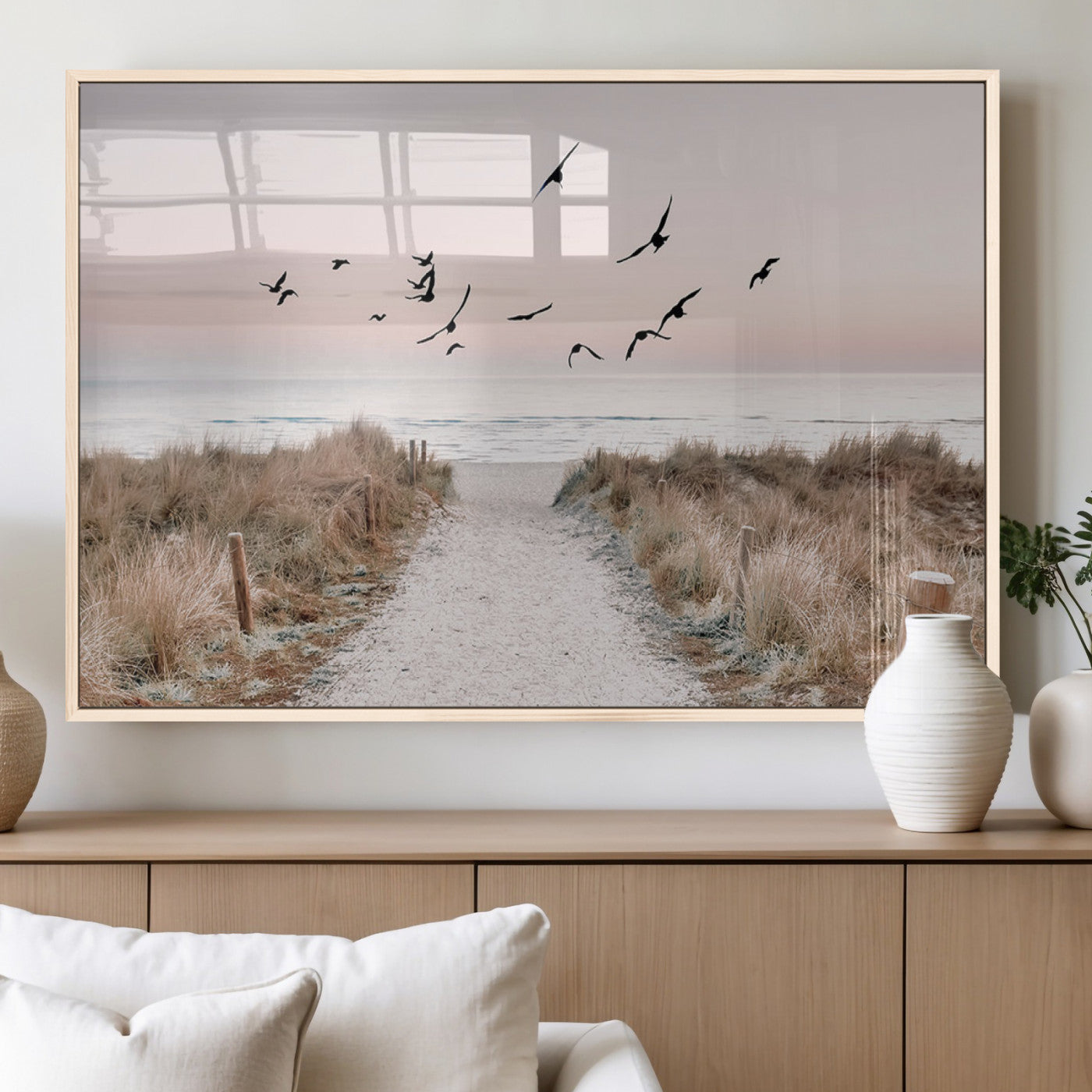 34632598-MGV-FP-60X30-3P_Natural-Coastal Pathway Canvas Wall Art – Framed Seaside Landscape, Large Beach and Birds Canvas Print for Home, Office, or Living Room