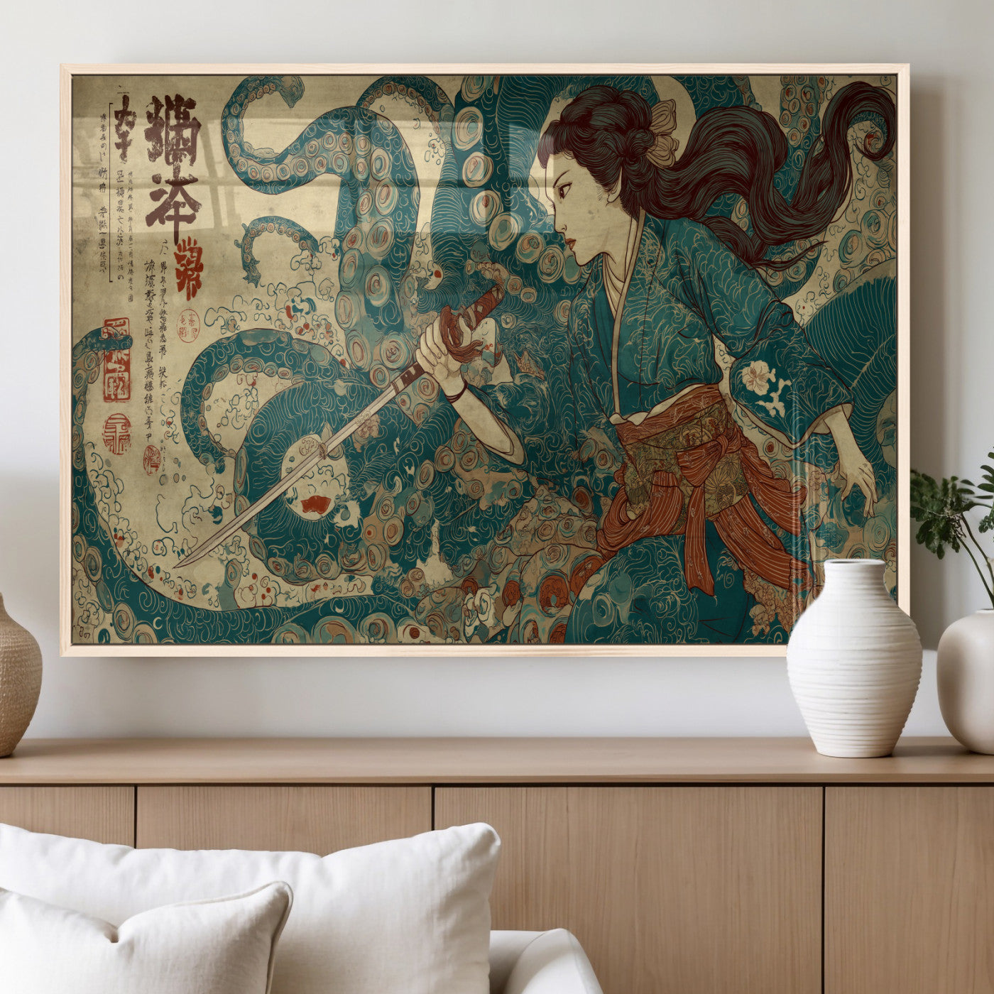 46837670-MGV-FP-60X30-3P_Natural-Tsukioka Yoshitoshi Samurai Wall Art Print, Japanese Katana Warrior Canvas Wall Art, Octopus Sea Monster Canvas Print,
