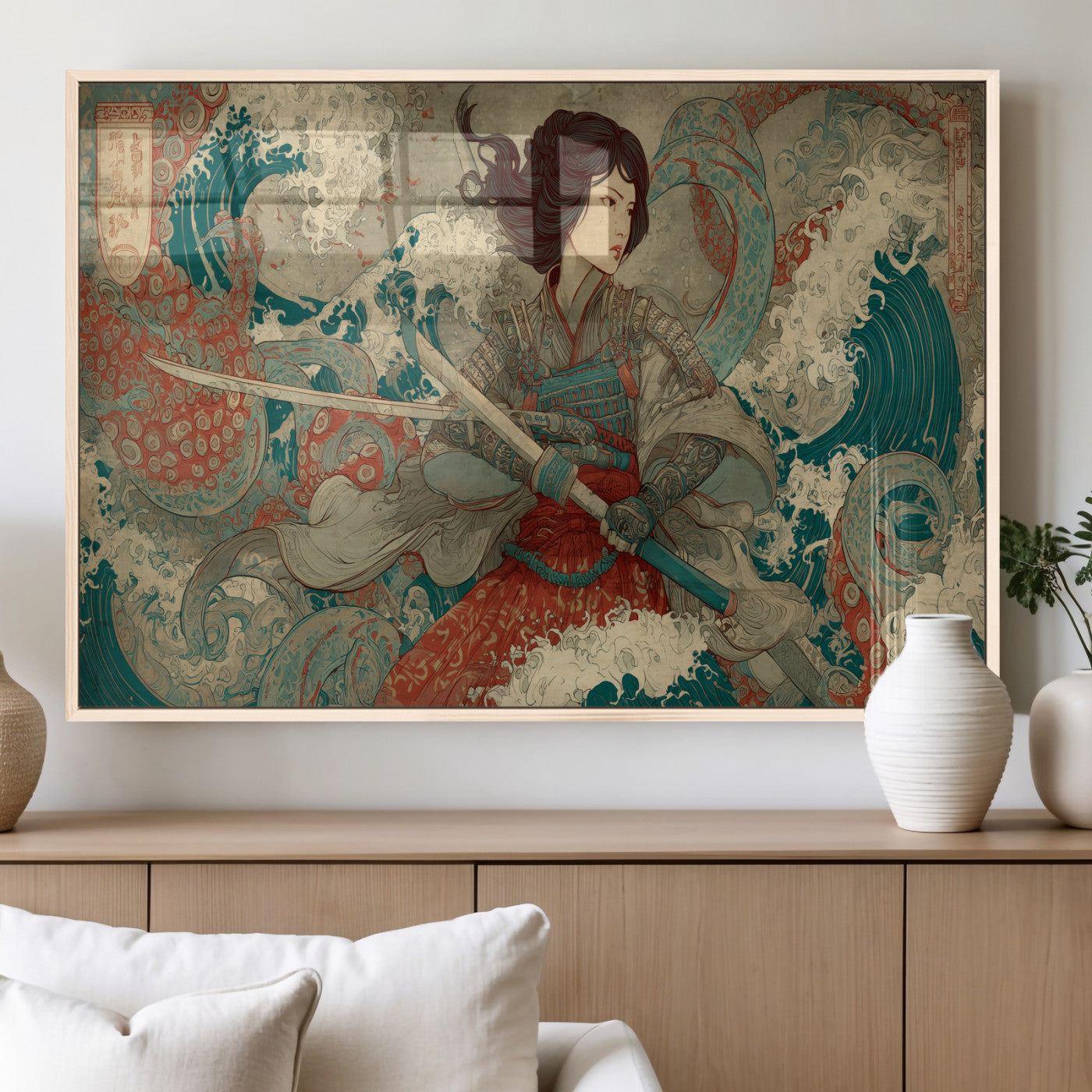 63377977-MGV-FP-60X30-3P_Natural-Tsukioka Yoshitoshi Samurai Wall Art Print, Japanese Katana Warrior Canvas Wall Art, Octopus Sea Monster Canvas Print,