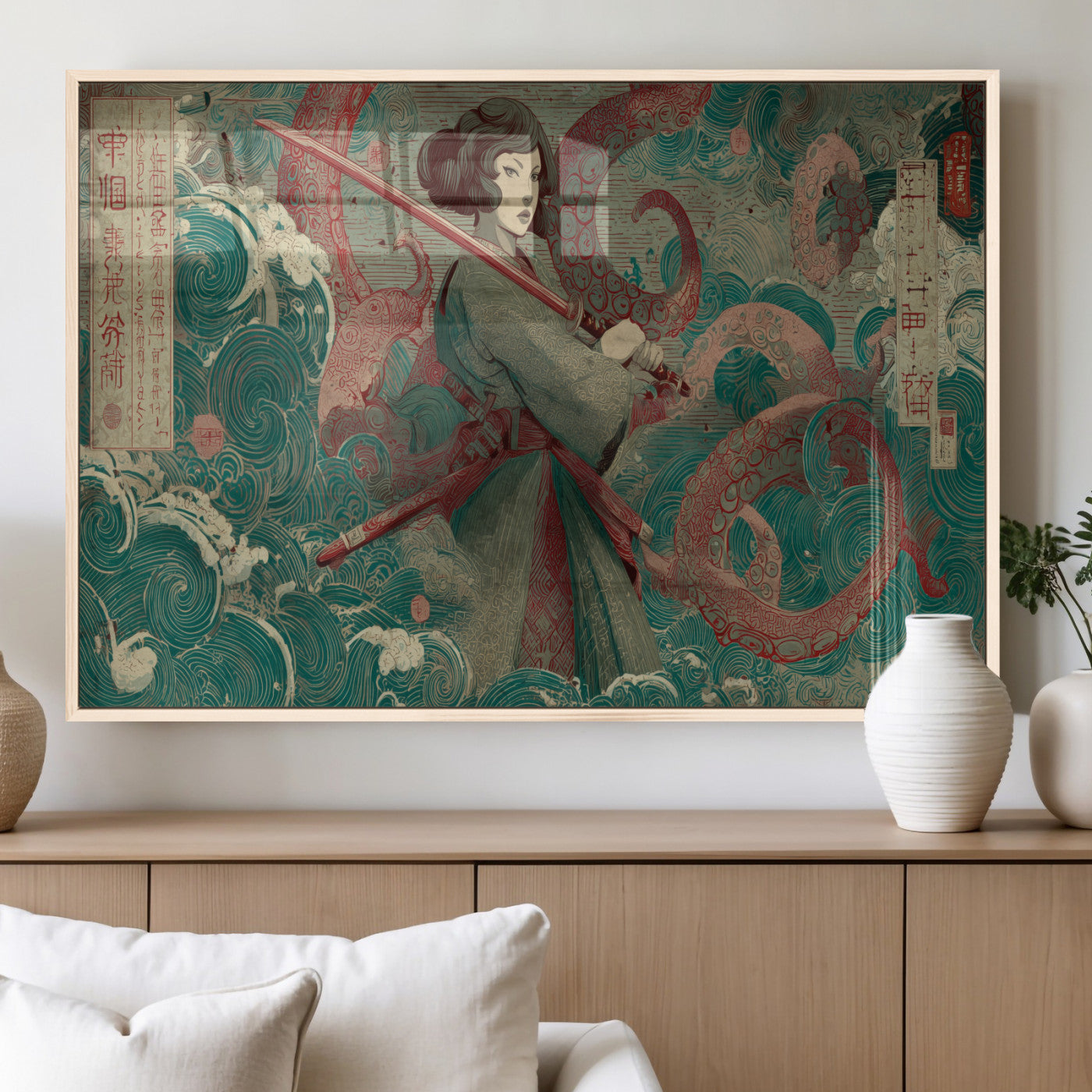 91666601-MGV-FP-36X24-3P_Natural-Samurai Woman vs Octopus Wall Art – Japanese Ukiyo-e Green Robe Canvas Print, Ocean Battle Artwork for Living Room, Office, Man