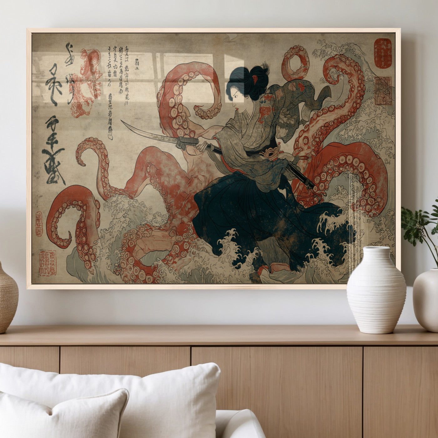 82737246-MGV-FP-36X24-3P_Natural-Samurai Woman vs Octopus Wall Art – Japanese Ukiyo-e Dual Sword Canvas Print, Red Tentacle Ocean Battle Artwork for Living Room,