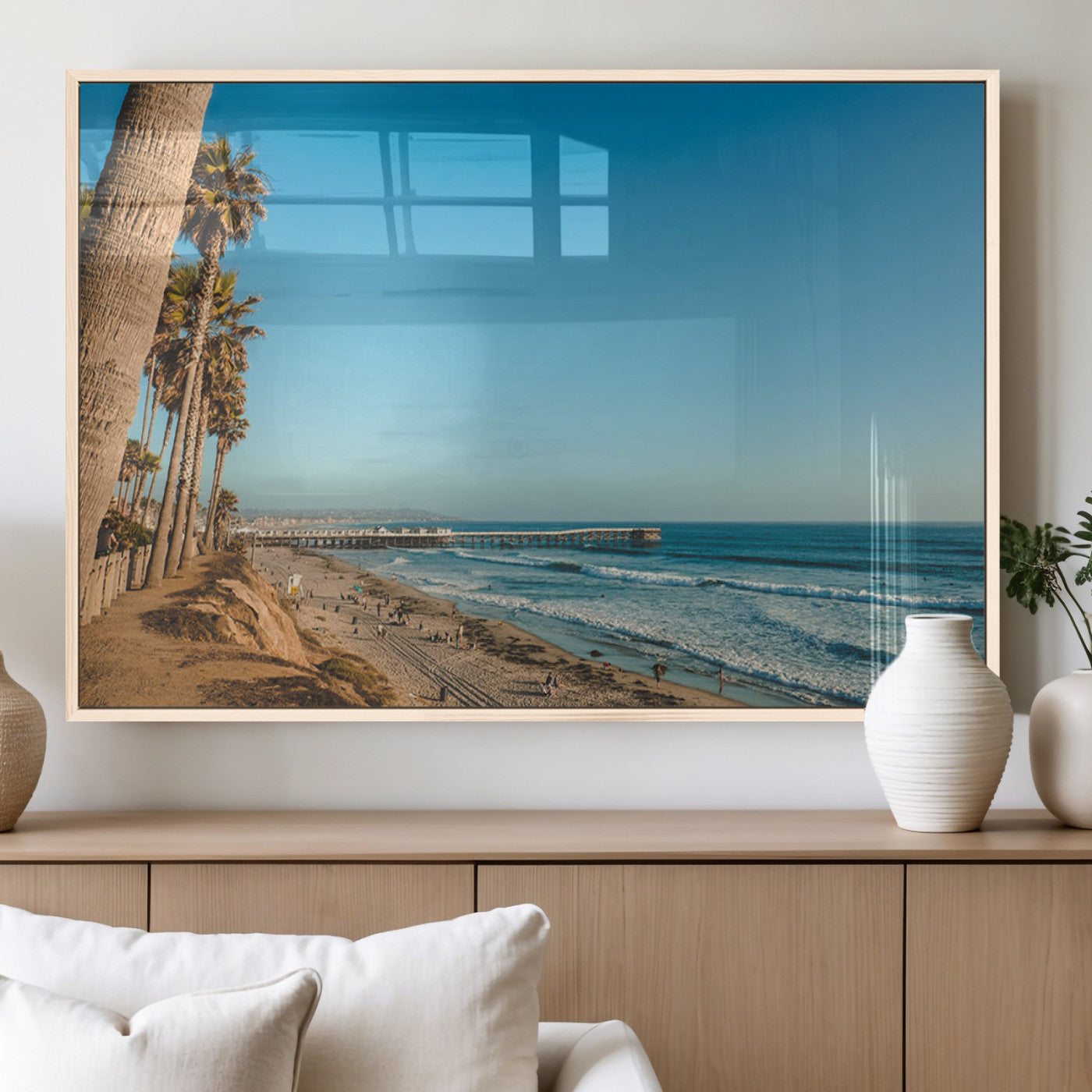 92568259-MGV-FP-36X24-3P_Natural-California Beach Wall Art – Palm Tree Pier Canvas Print, Coastal Ocean Photography Seaside Decor for Living Room, Bedroom, Office,