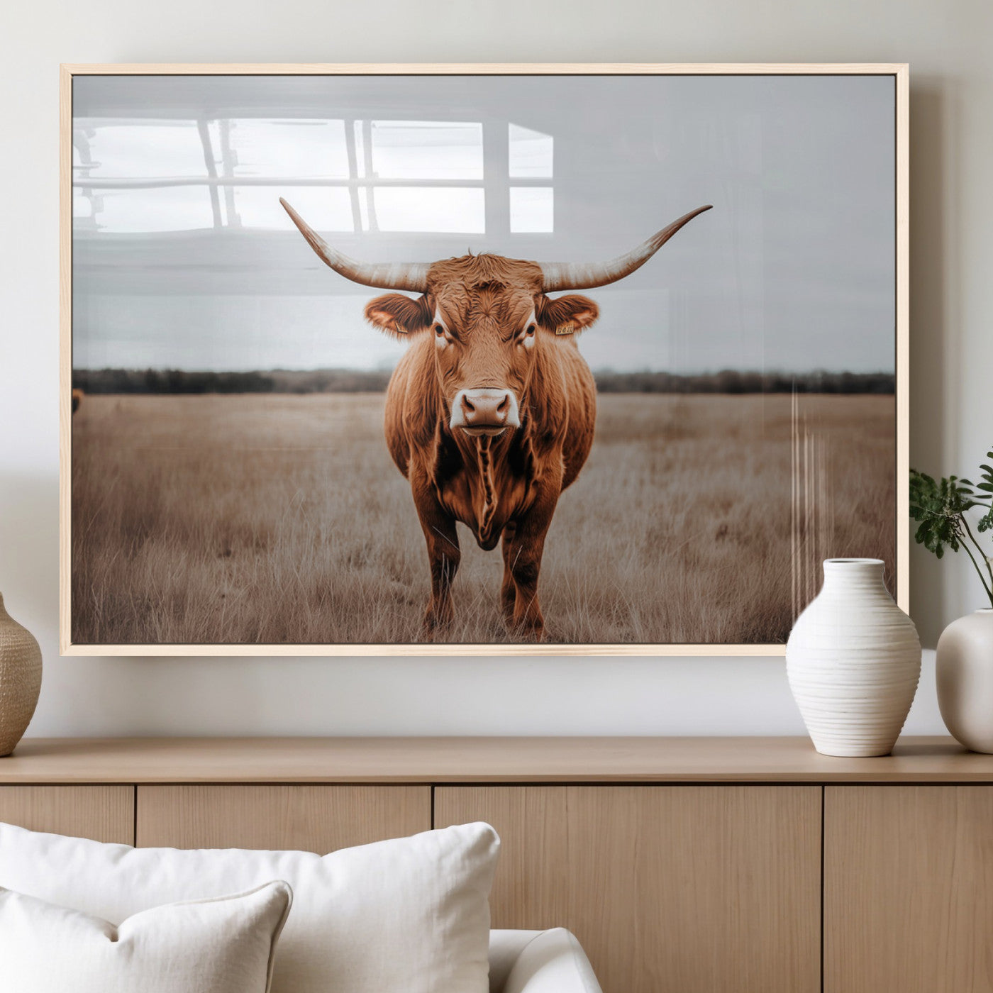 16316734-MGV-FP-60X30-3P_Natural-Texas Longhorn Wall Art – Rustic Bull Portrait Canvas Print, Western Farmhouse Animal Photography Decor for Living Room, Office,