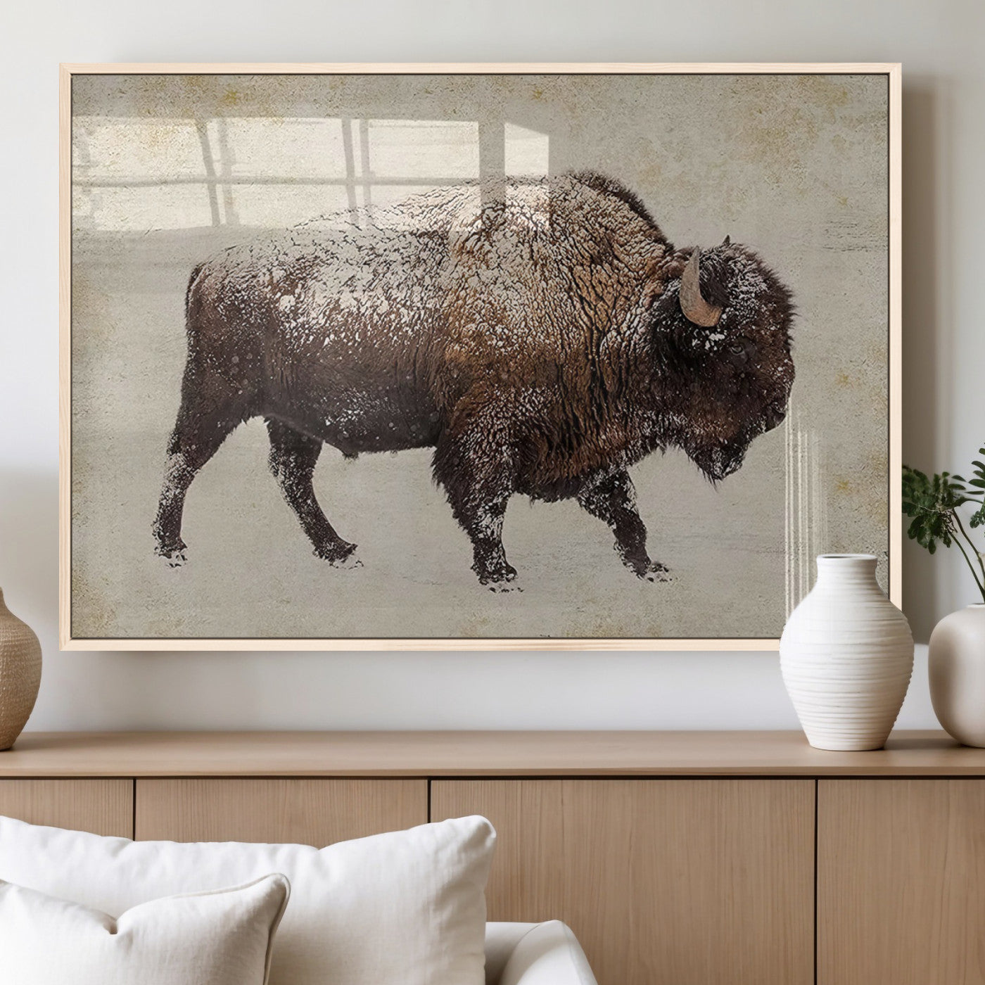 54810031-MGV-FP-36X24-3P_Natural-Western Wall Art – Snow Covered Bison Canvas Print, Rustic Wildlife Photography Decor for Bedroom, Living Room, Office, Lodge,