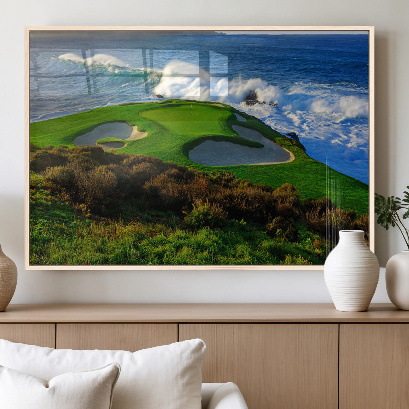 13644055-MGV-FP-36X24-3P_Natural-Golf Wall Art – Oceanfront Green Canvas Print, Scenic Coastal Course Photography Decor for Bedroom, Living Room, Office, Sports