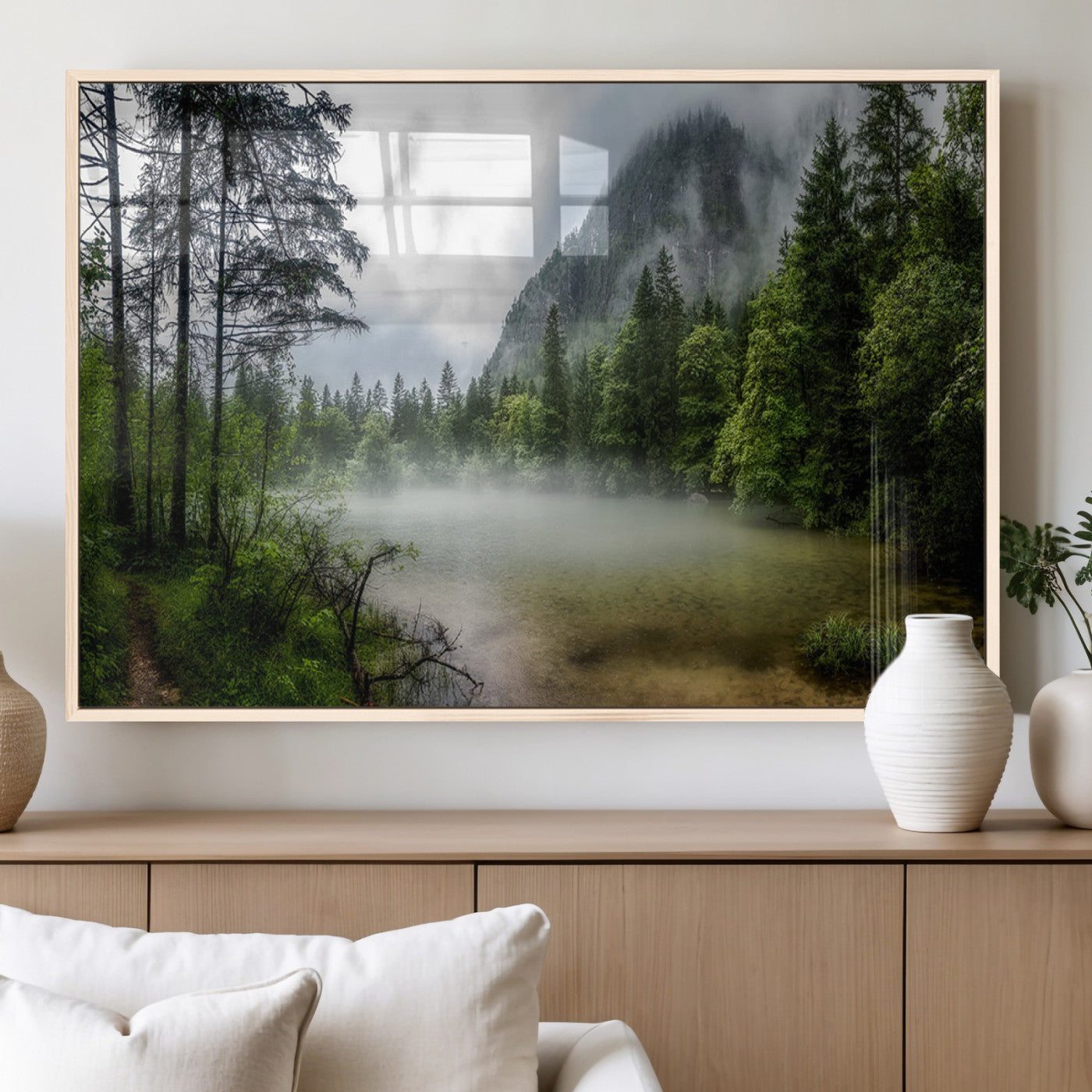 93123937-MGV-FP-36X24-3P_Natural-Landscape Wall Art – Misty Mountain Lake Canvas Print, Tranquil Forest and Waterfall Photography Decor for Bedroom, Living Room,