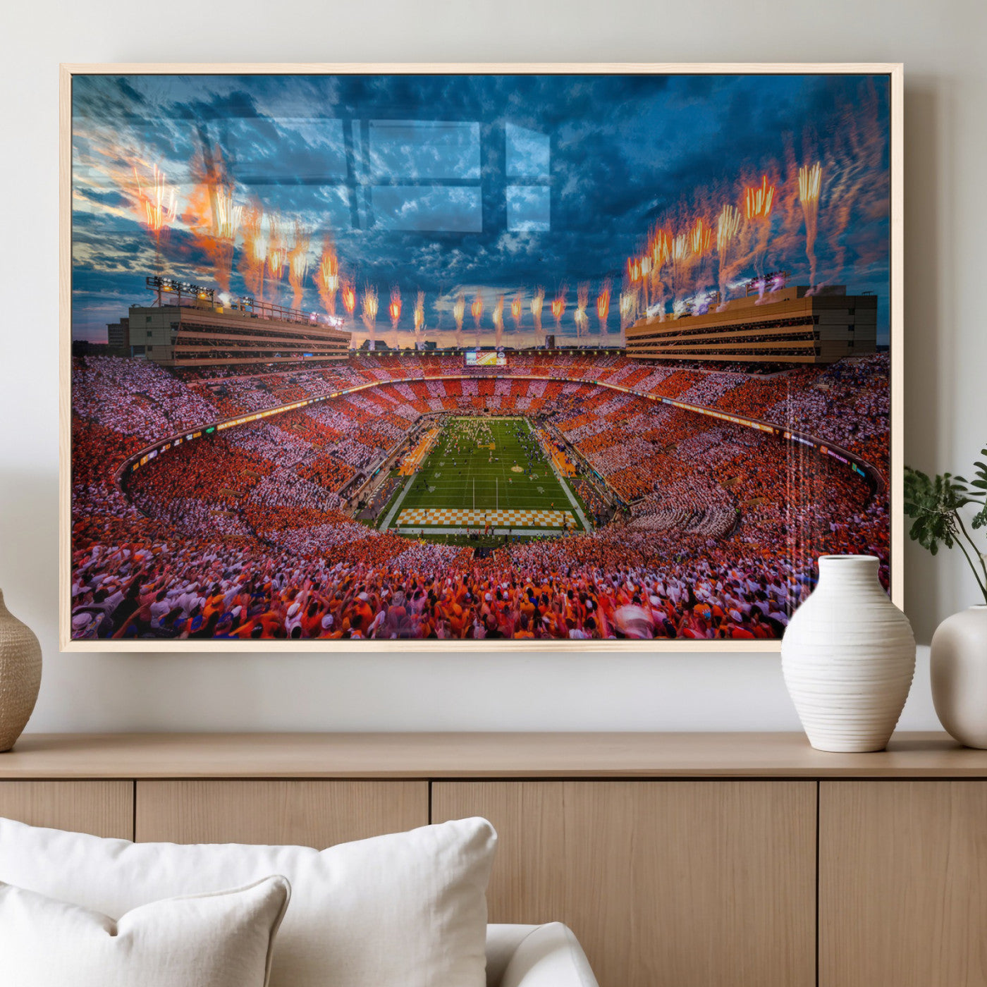 94266219-MGV-FP-36X24-3P_Natural-Neyland Stadium Wall Art – Panoramic Tennessee Volunteers Checkerboard Crowd Fireworks Canvas Print, Football Game Day Sports