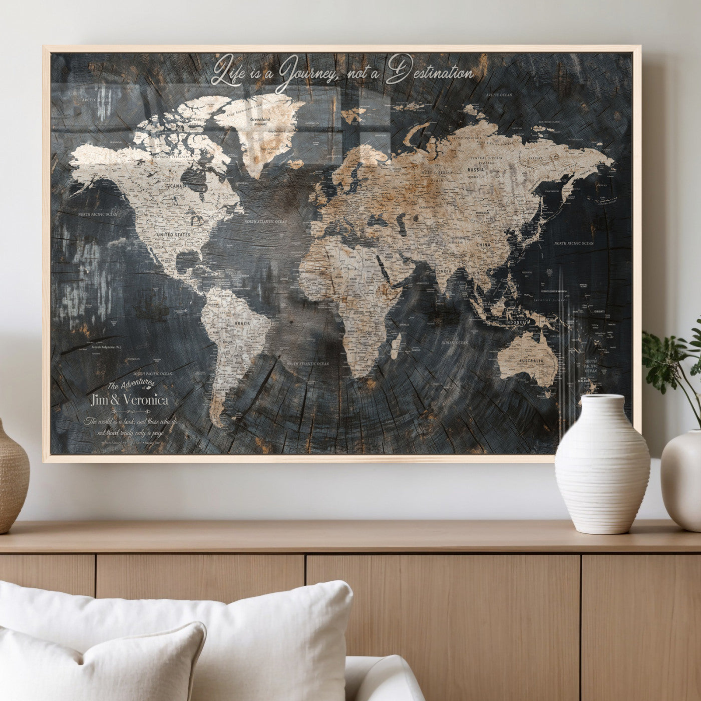 55548943-MGV-FP-36X24-3P_Natural-Personalized World Map Wall Art – Rustic Wood Texture Adventure Travel Map with Custom Couple Names, Vintage Dark Wall Decor for