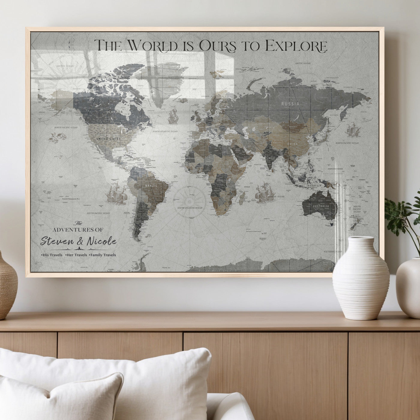 97082026-MGV-FP-36X24-3P_Natural-Personalized World Map Wall Art – Vintage Gray Adventure Travel Map with Custom Couple or Family Names, Rustic Wall Decor for Home