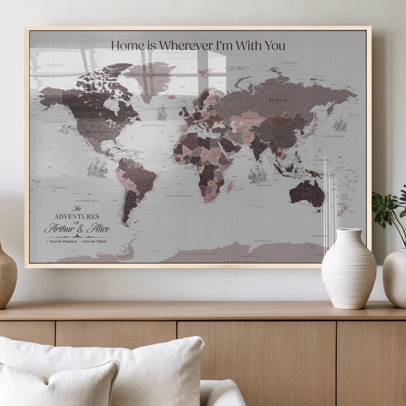 33204797-MGV-FP-36X24-3P_Natural-Personalized World Map Wall Art – Burgundy & Grey Adventure Travel Map with Custom Names, Romantic Wall Decor for Couples, Home or