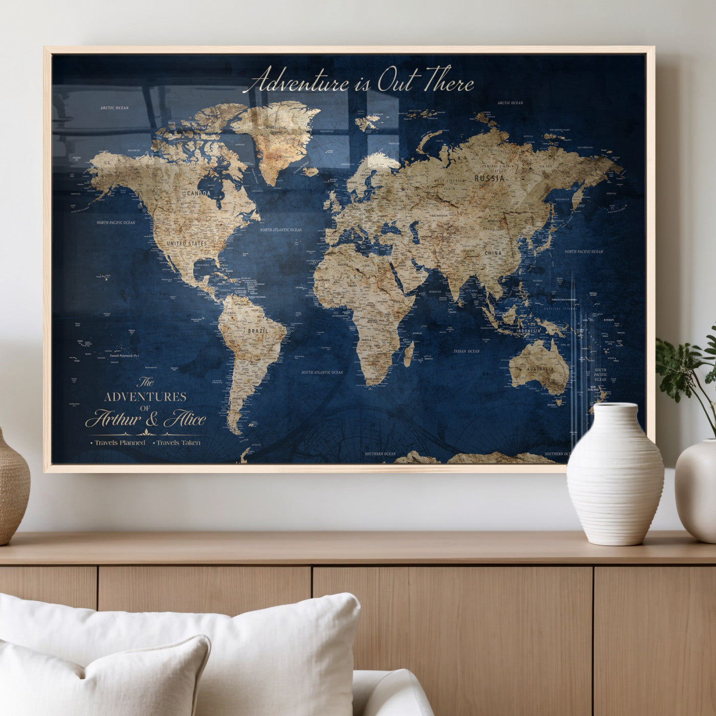 71052542-MGV-FP-36X24-3P_Natural-Personalized World Map Wall Art – Rustic Navy Blue Adventure Travel Map with Custom Couple Names, Vintage Wall Decor for Home or