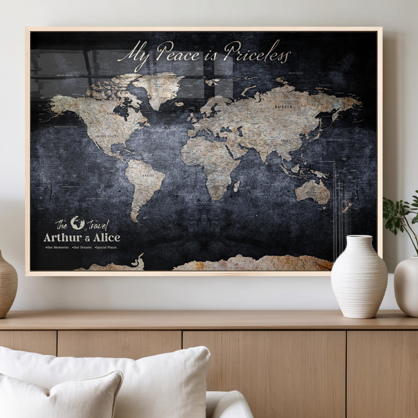 85403043-MGV-FP-36X24-3P_Natural-Personalized World Map Wall Art – Dark Blue Rustic Adventure Map with Custom Couple Names, Vintage Wall Decor for Home or Travel
