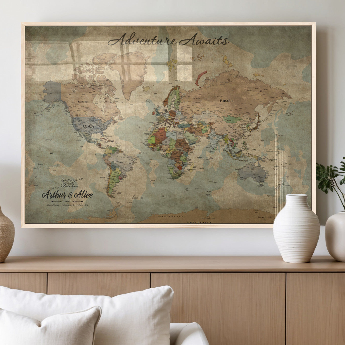 62500285-MGV-FP-36X24-3P_Natural-Personalized World Map Wall Art – Rustic Watercolor Adventure Awaits Travel Map with Custom Couple Names, Vintage Wall Decor for