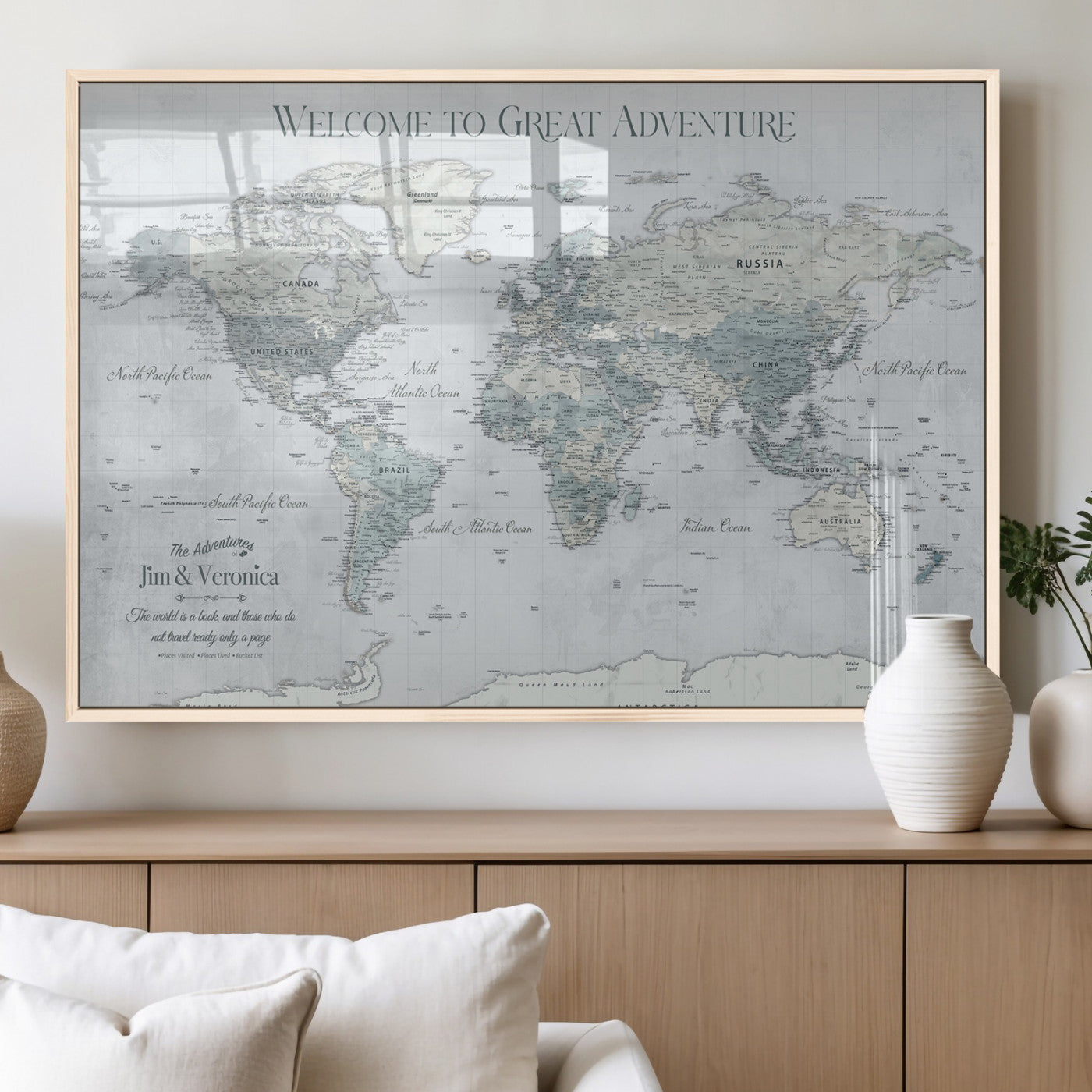70605050-MGV-FP-36X24-3P_Natural-Personalized World Map Wall Art – Cool Gray Adventure Travel Map with Custom Names, Elegant Push Pin Canvas for Couples, Family