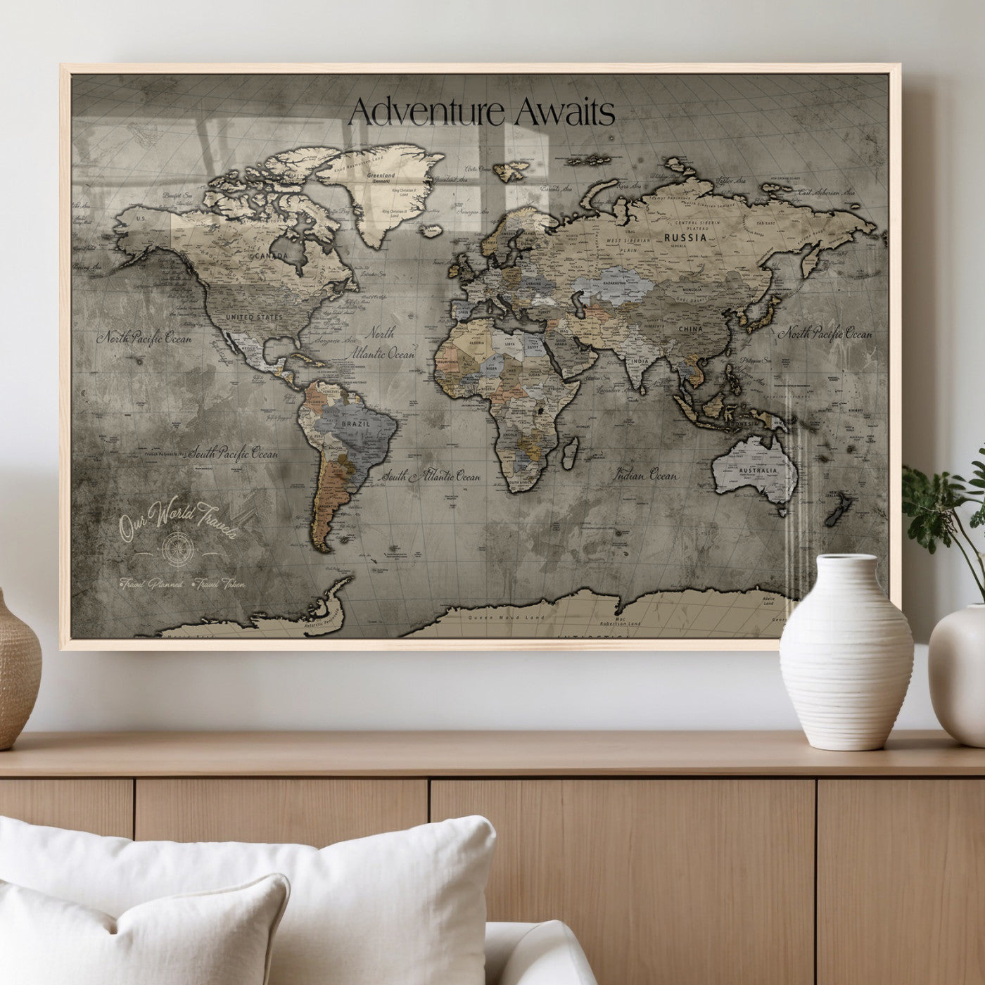 72658967-MGV-FP-36X24-3P_Natural-Personalized World Map Wall Art – Adventure Awaits Rustic Sepia Travel Map with Custom Names, Vintage Wall Decor for Couples, Home