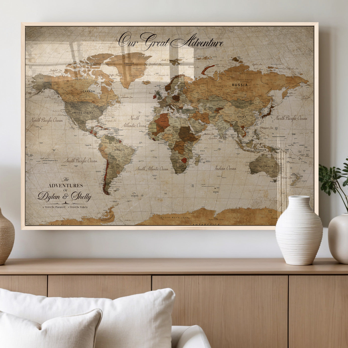 91961147-MGV-FP-36X24-3P_Natural-Personalized World Map Wall Art – Vintage Sepia Adventure Travel Map with Custom Couple Names, Rustic Wall Decor for Home, Couples