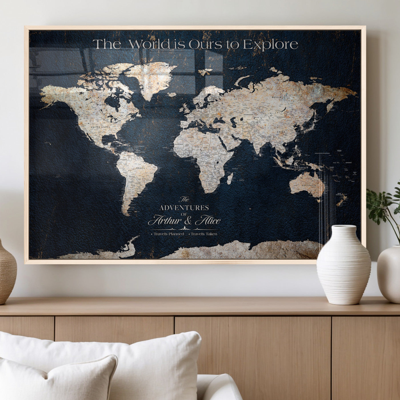 13231361-MGV-FP-36X24-3P_Natural-Personalized World Map Wall Art – Navy Blue Vintage Adventure Travel Map with Custom Names, Elegant Push Pin Canvas for Couples