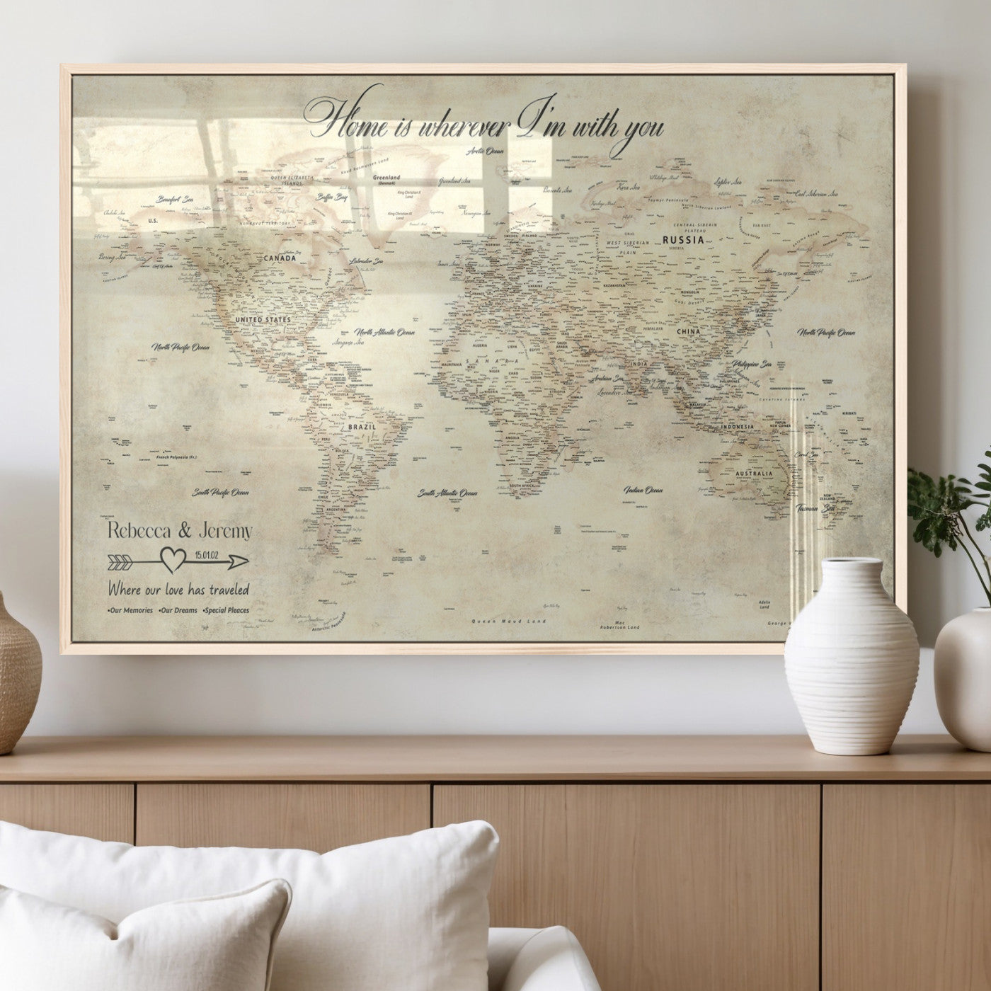 57950315-MGV-FP-36X24-3P_Natural-Personalized World Map Wall Art – Vintage Beige Travel Map with Custom Names, Romantic Anniversary Gift for Couples, Adventure