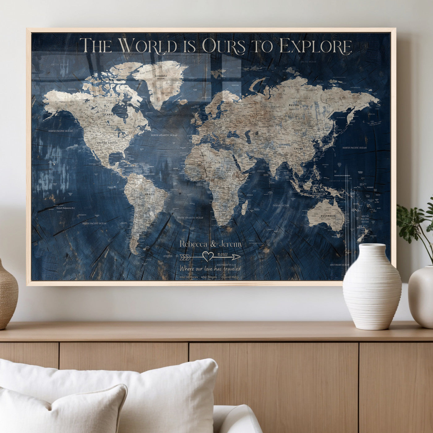 16933330-MGV-FP-36X24-3P_Natural-Personalized World Map Wall Art – Navy Blue Vintage Travel Map with Custom Names, Anniversary Gift for Couples Romantic Adventure
