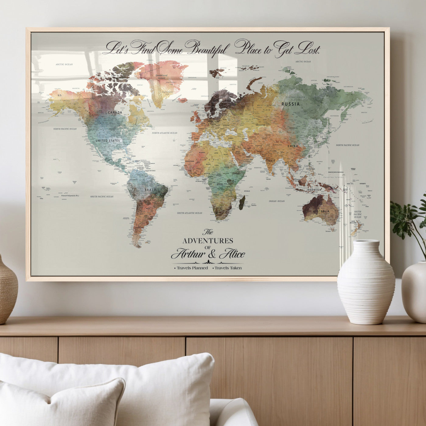 10311652-MGV-FP-36X24-3P_Natural-Personalized World Map Wall Art - Watercolor Travel Map with Custom Names Minimalist Design for Couples&Families - Decor for Home,
