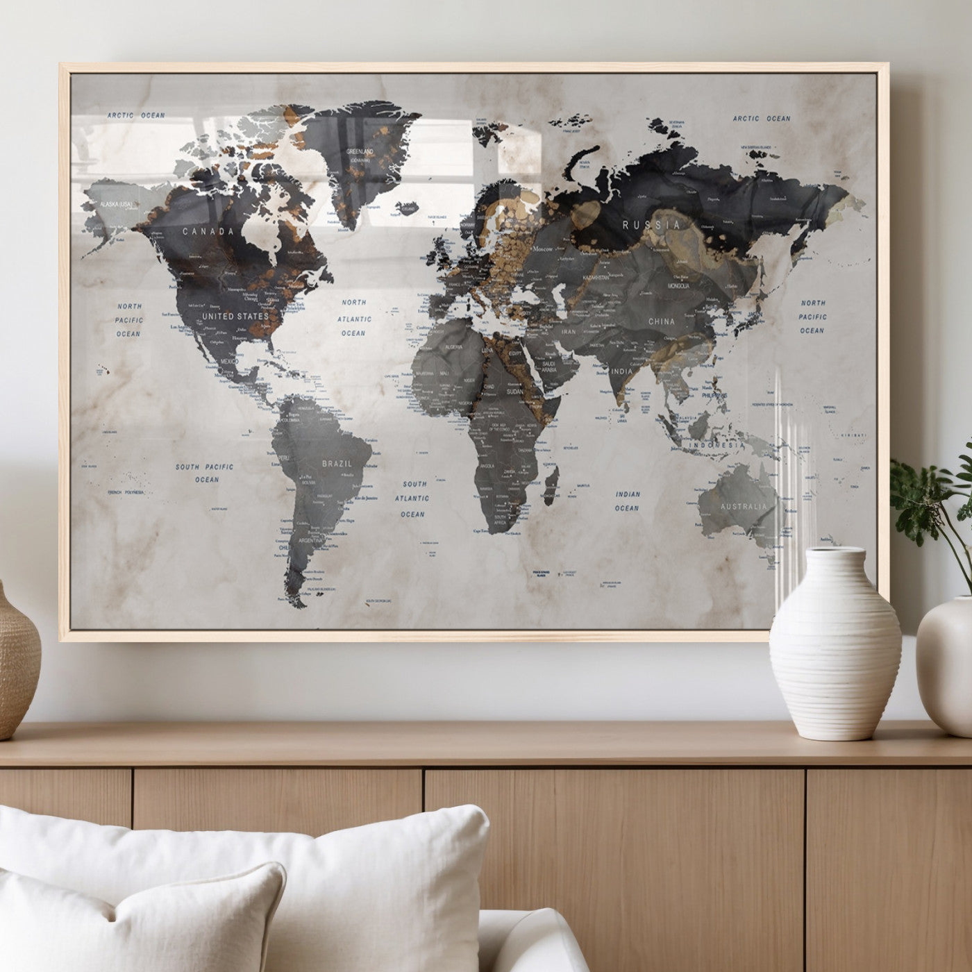 MGV-FP-36X24-3P - World Map Wall Art Canvas Print, Framed Rustic Map Art Picture Print, Antique Map Perfect Rustic Explorer Decor Artwork