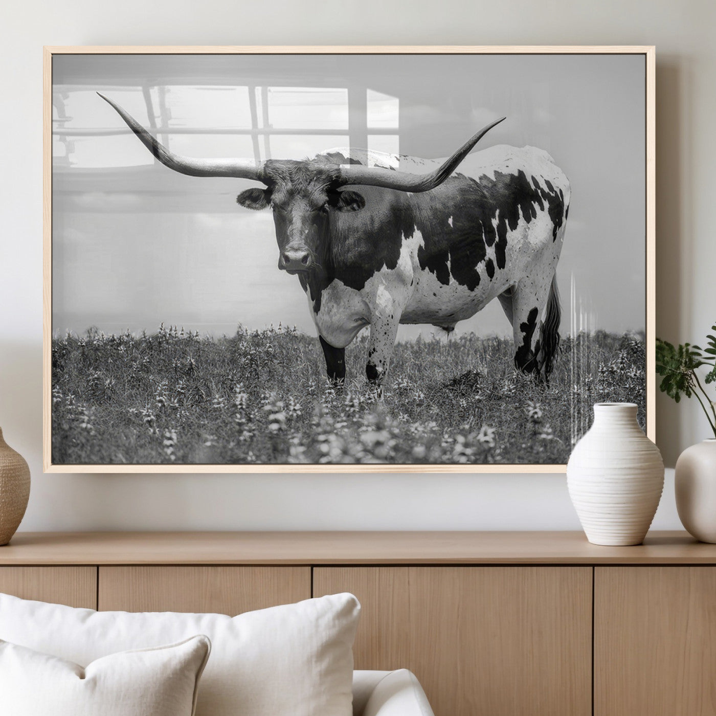 83785-MGV-FP-36X24-3P_Natural-Texas Longhorn Wall Art Canvas Print, Framed Horned Bull Art Picture Print, Monochrome Cattle Perfect Rustic Western Decor Artwork