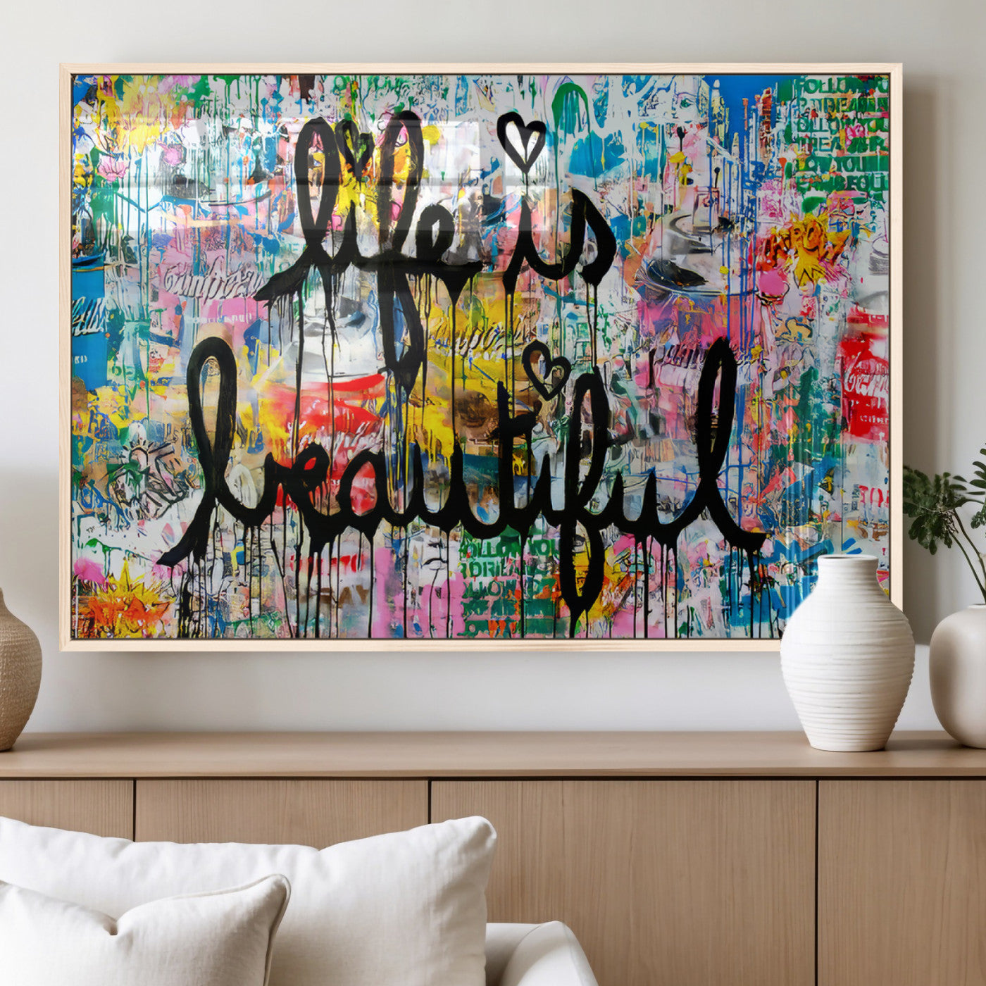 36856-MGV-FP-60X30-3P_Natural-Life Is Beautiful Wall Art – Colorful Graffiti Canvas Print, Modern Street Style Artwork, Inspirational Decor for Living Room,