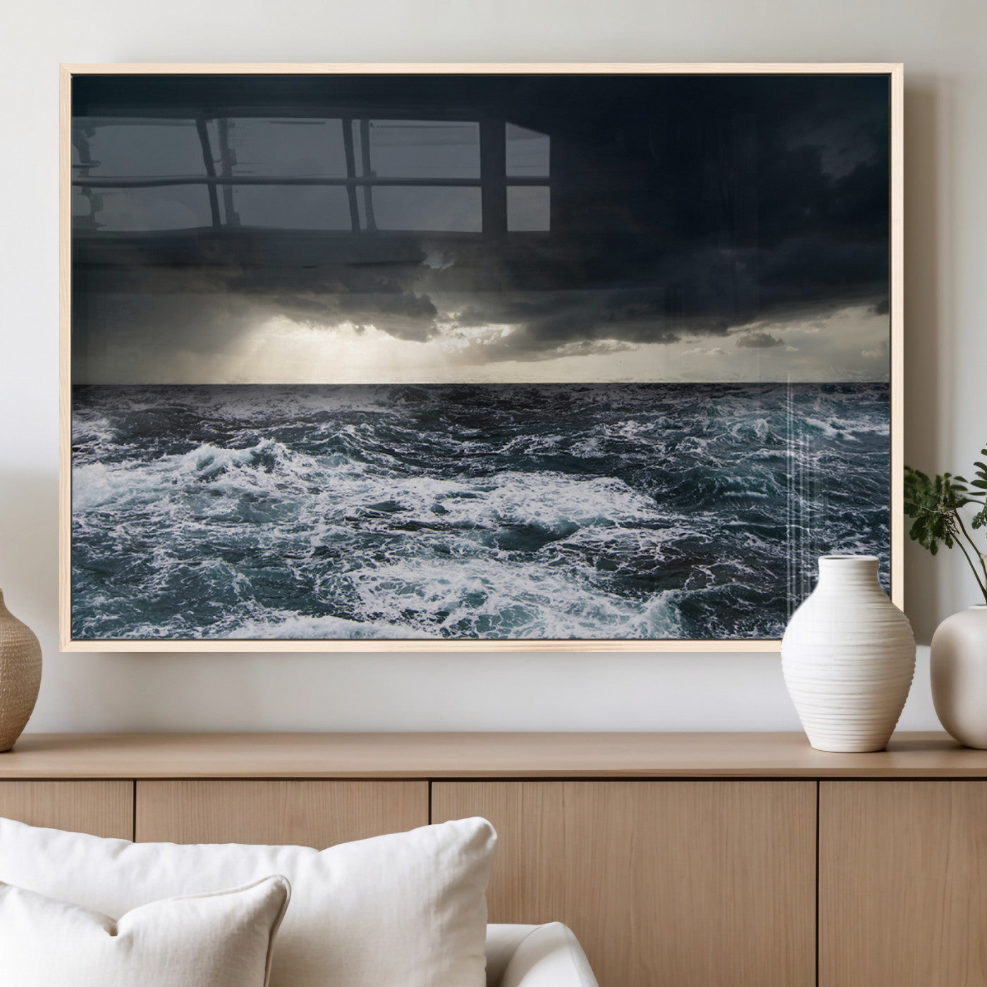 51359-MGV-FP-36X24-3P_Natural-Stormy Ocean Wall Art Canvas Print, Framed Moody Seascape Art Picture Print, Ocean Storm Perfect Dramatic Coastal Decor Artwork