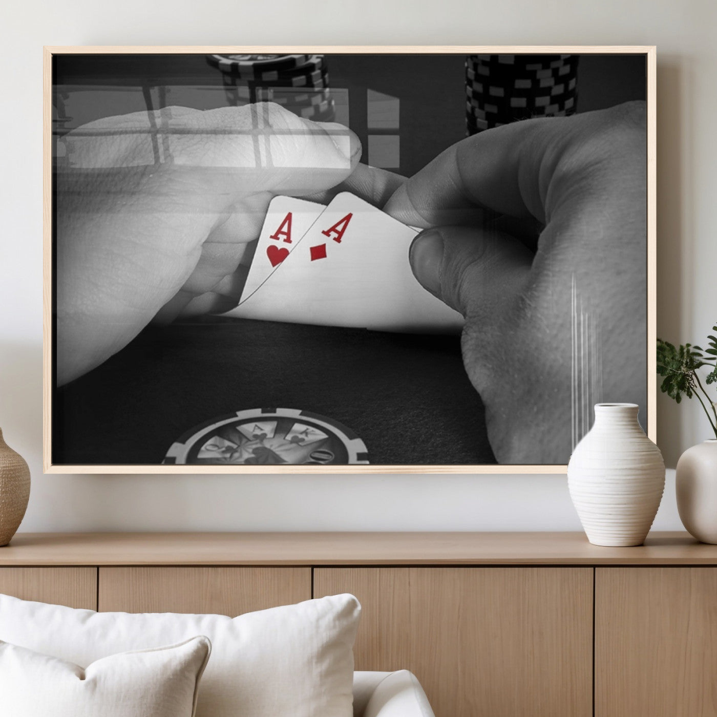 62460-MGV-FP-36X24-3P_Natural-Poker Game Wall Art – Close Up of Hands Holding Aces with Chips, Casino Style Decor for Game Room, Man Cave or Office