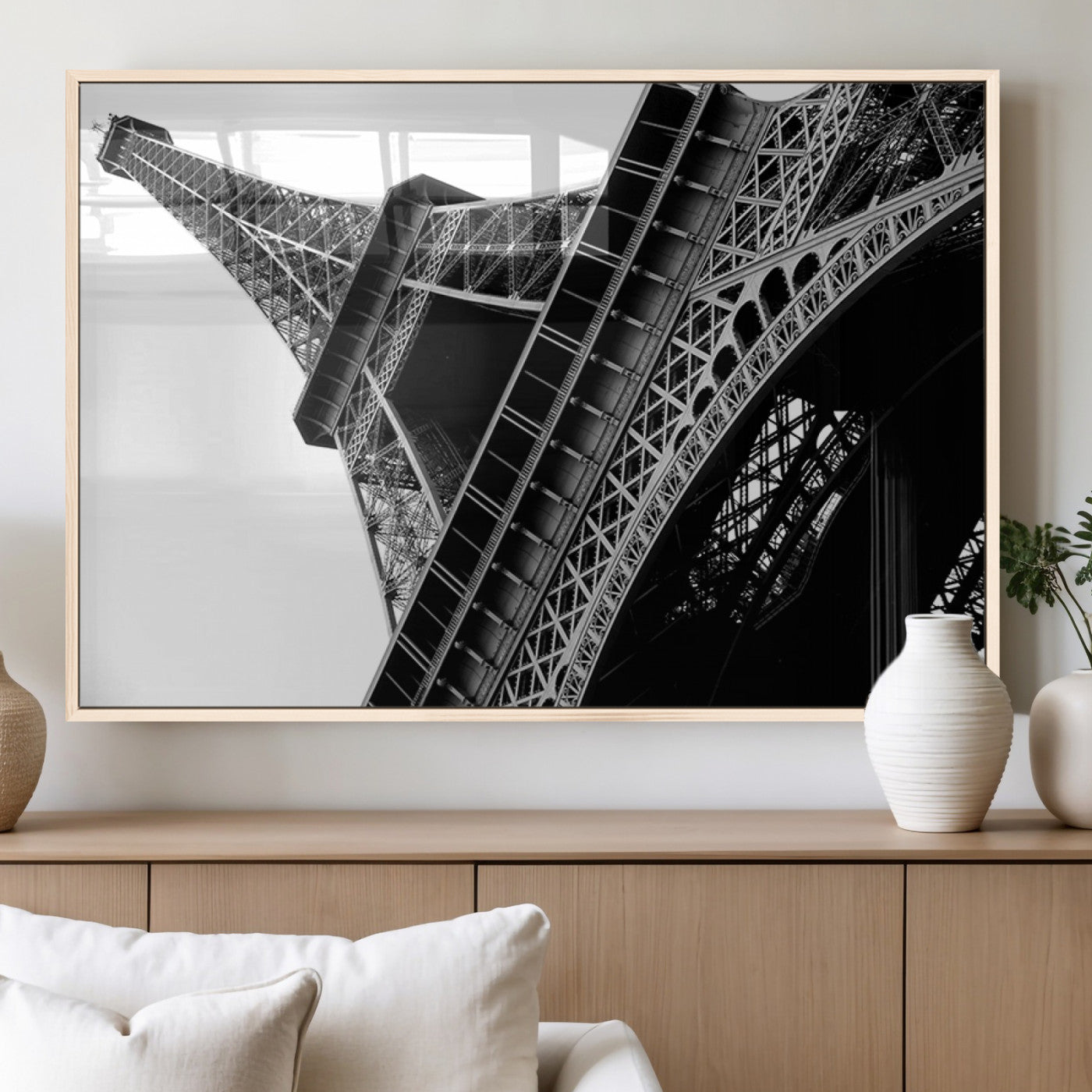 89033-MGV-FP-36X24-3P_Natural-Eiffel Tower Wall Art – Dramatic Black and White Architectural Canvas Print, Modern Paris Decor for Office, Living Room or