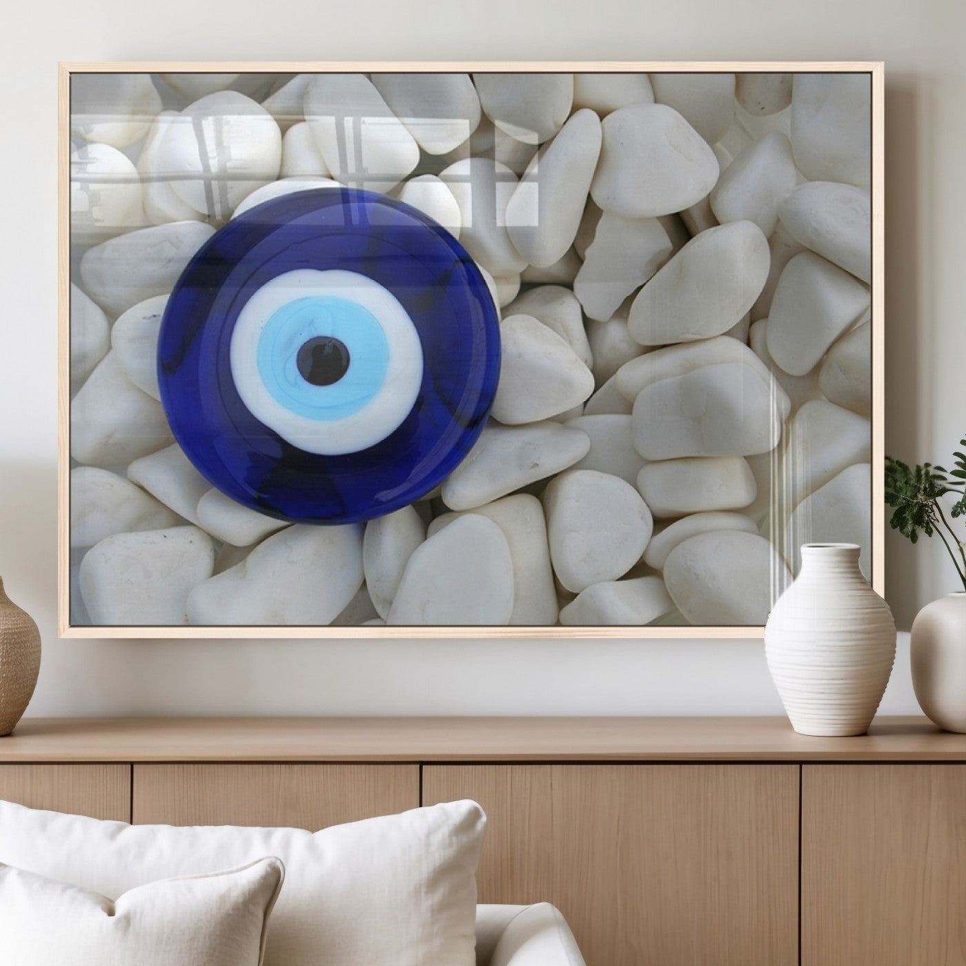 48883-MGV-FP-36X24-3P_Natural-Evil Eye Wall Art – Deep Blue Symbol of Presence and Calm on White Stones, Subtle Spiritual Decor for Entryway, Studio, Office or