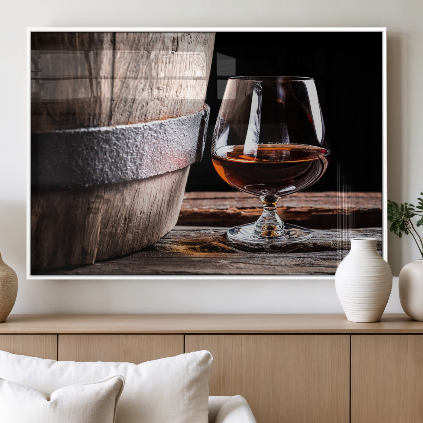 50839-MGV-FP-36X24-3P_White-Barrel & Brandy Wall Art – Rustic Whiskey Barrel and Brandy Glass Canvas Print, Elegant Home Bar or Lounge Decor for Office, Man