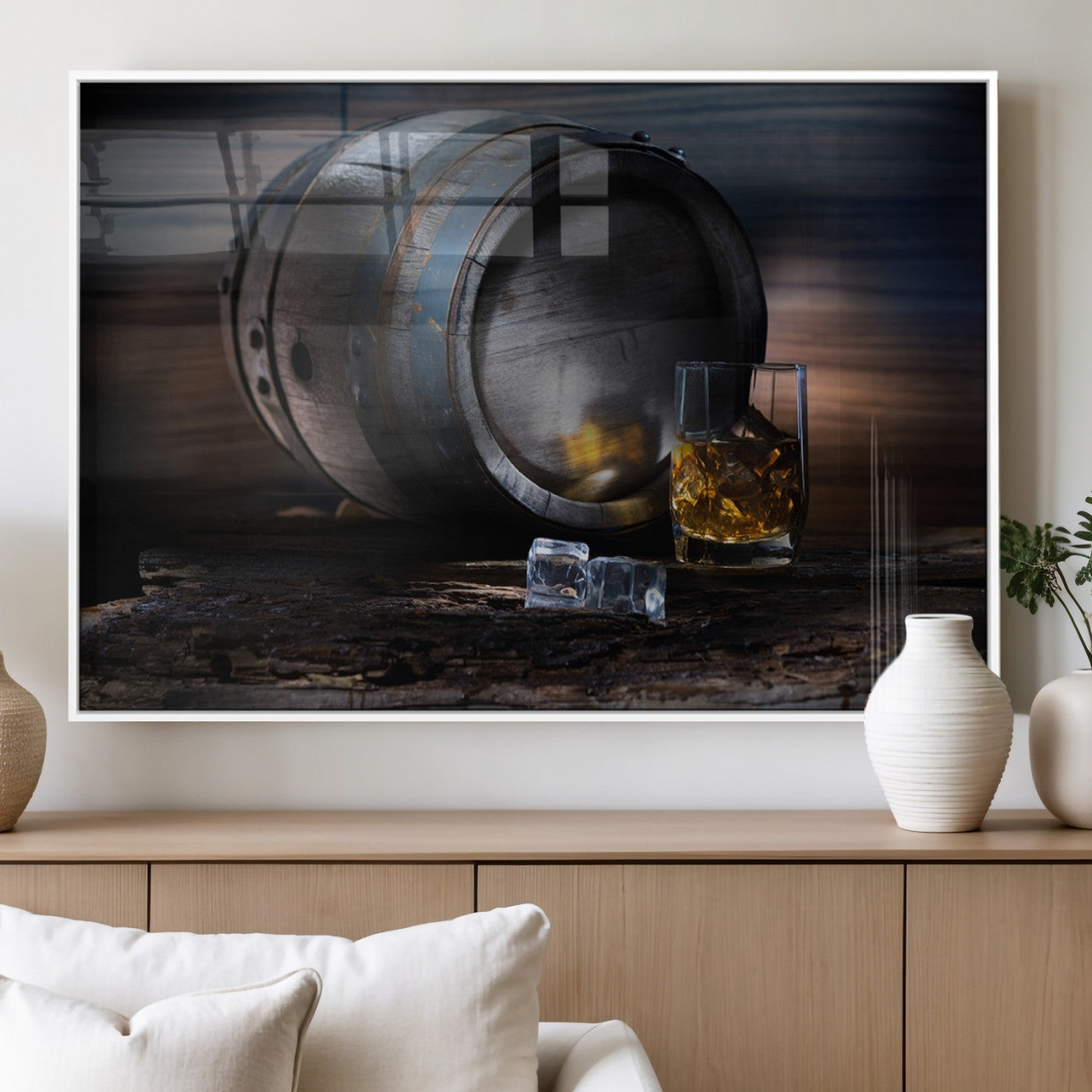 78049-MGV-FP-36X24-3P_White-Whiskey Barrel Wall Art – Rustic Whiskey Barrel and Glass with Ice Canvas Print, Classic Bar or Lounge Decor for Home, Office, or