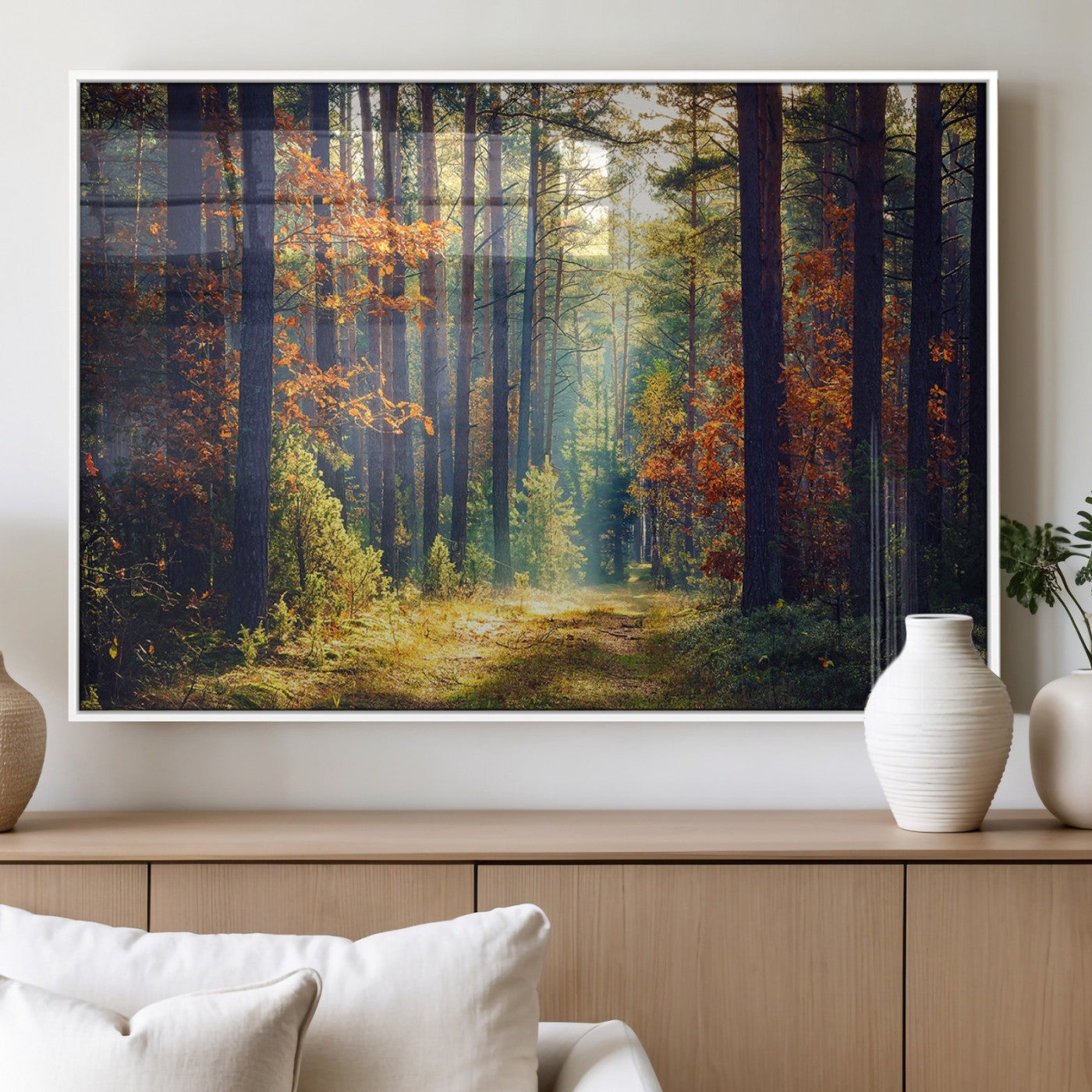 86249-MGV-FP-36X24-3P_White-Sunlit Autumn Forest Path Wall Art – Peaceful Nature Scene with Fall Foliage, Calming Woods Decor for Home or Office