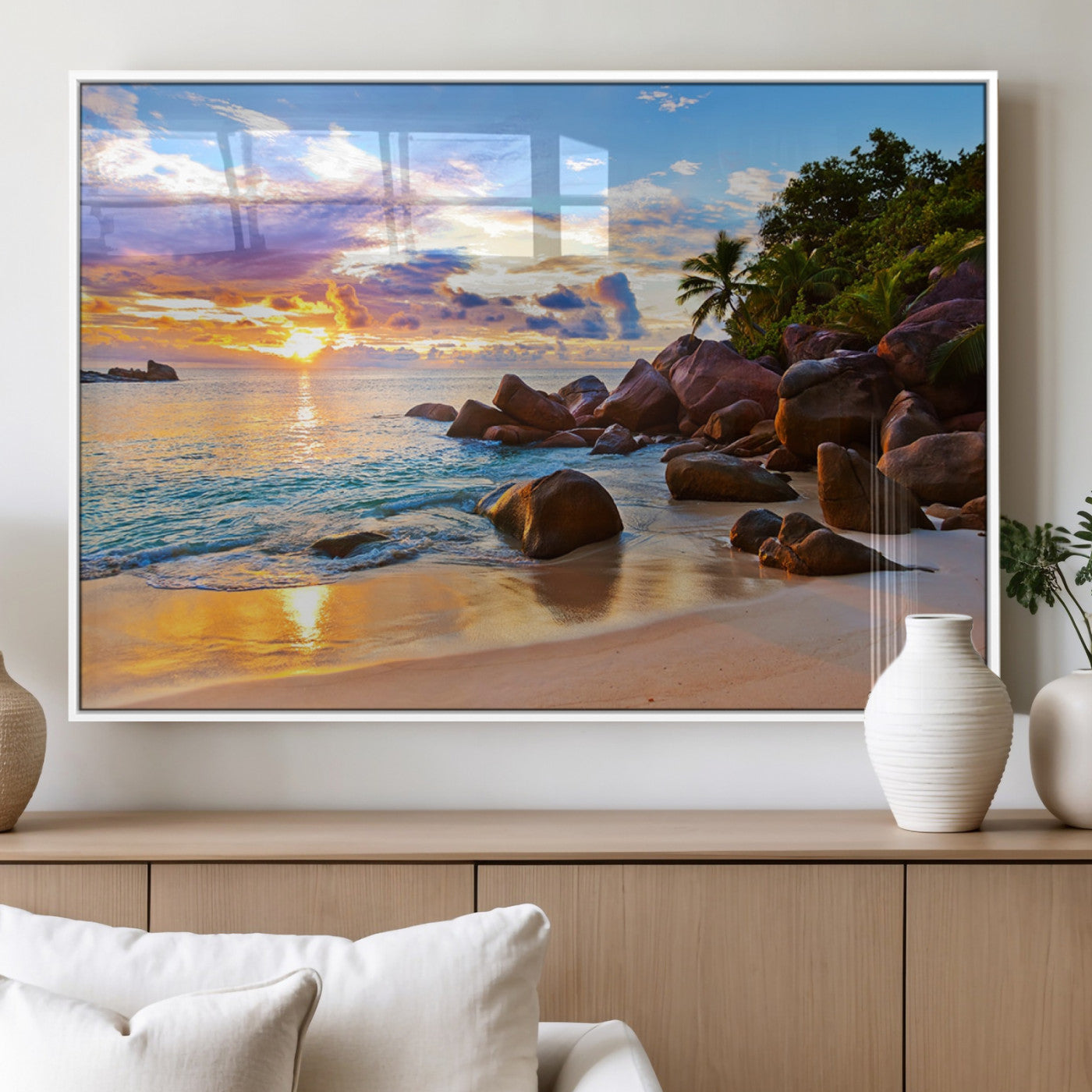 43209-MGV-FP-60X30-3P_White-Tropical Beach Sunset Wall Art – Golden Ocean Waves and Palm Trees with Rocky Shore Canvas Print, Coastal Seascape Decor for
