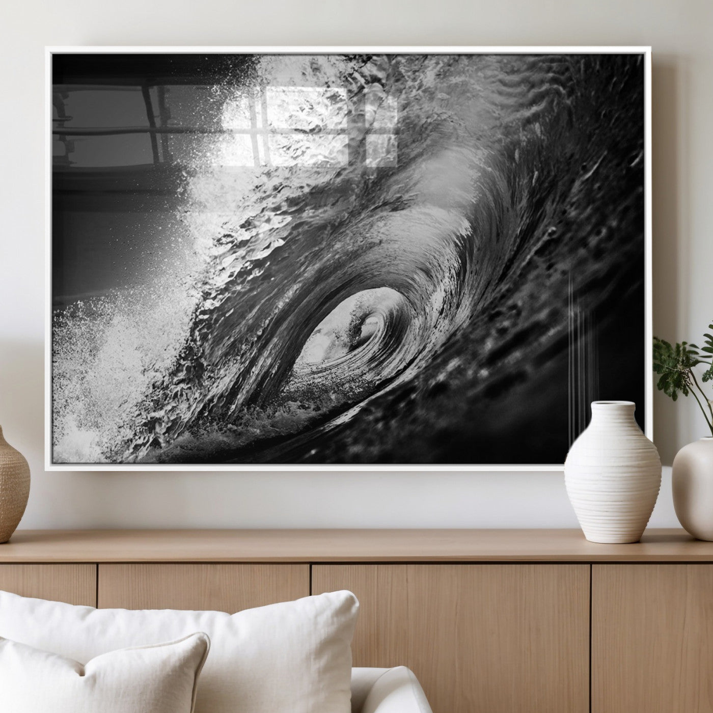 22702-MGV-FP-60X30-3P_White-Black and White Ocean Wave Wall Art – Powerful Surf Curl Photography Canvas Print, Modern Coastal Decor for Living Room, Office or