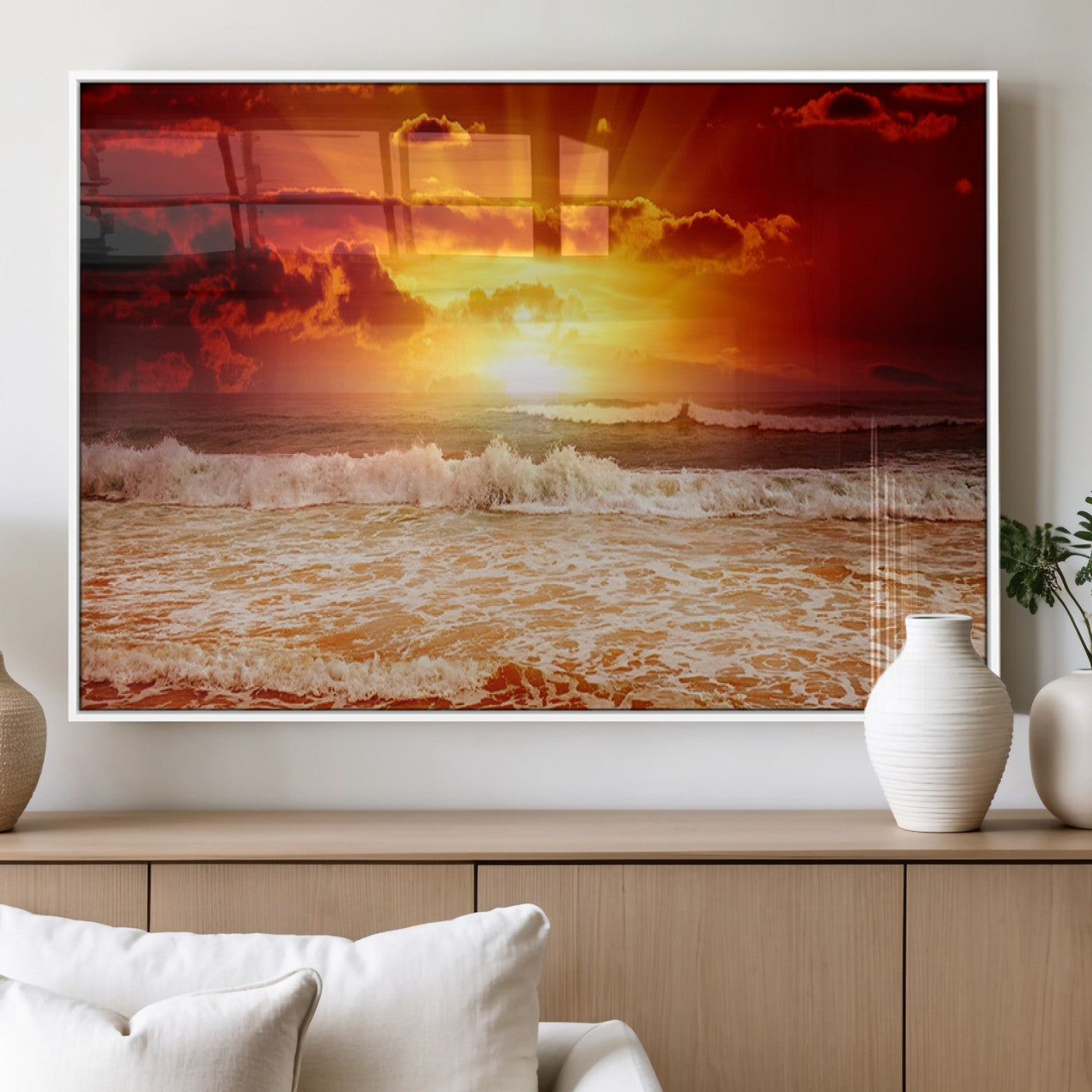60211-MGV-FP-36X24-3P_White-Fiery Sunset Ocean Waves Canvas Print – Vibrant Red & Orange Coastal Wall Art, Dramatic Seascape Decor