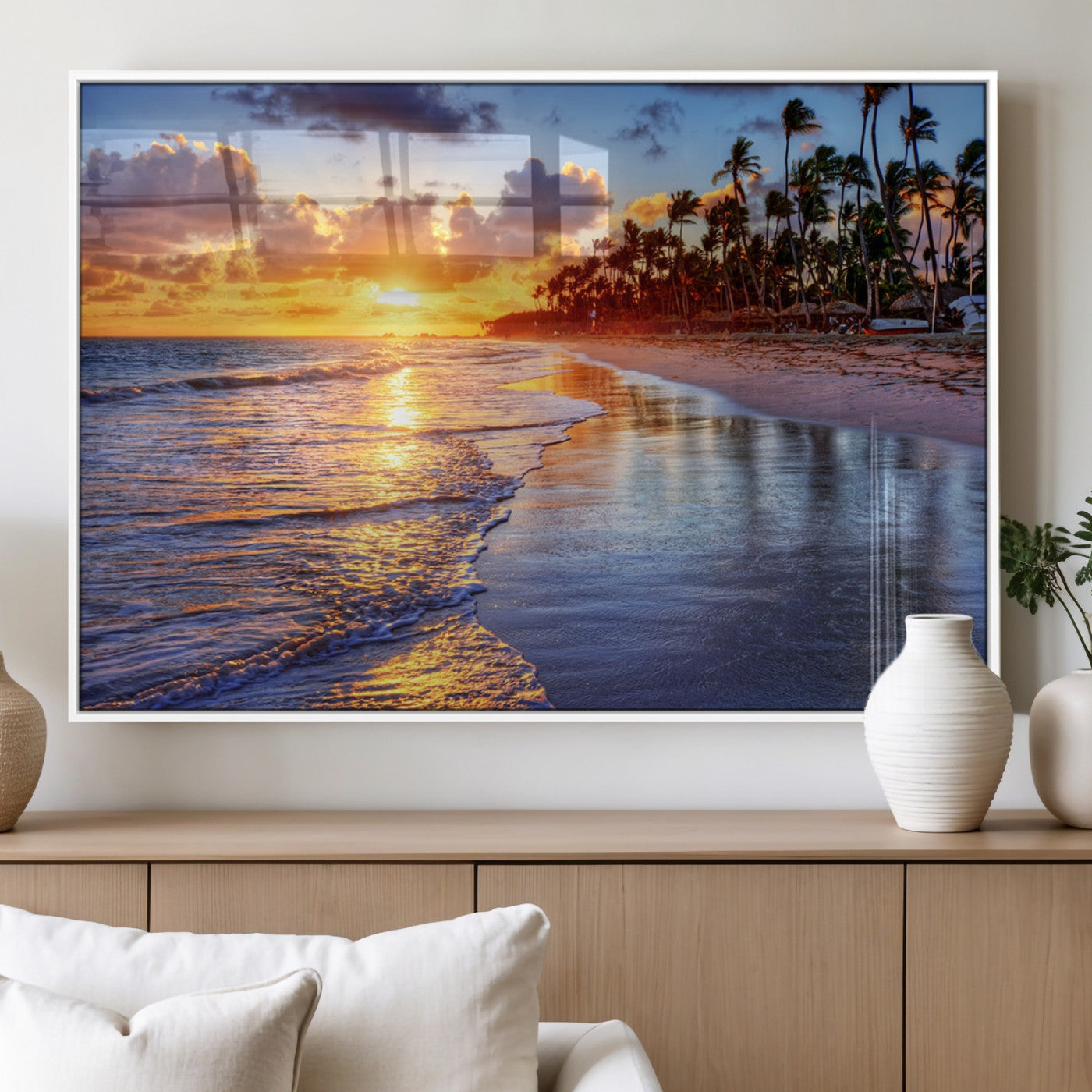 19917-MGV-FP-60X30-3P_White-Tropical Sunset Beach Wall Art – Panoramic Palm Trees and Ocean Canvas Print, Vibrant Coastal Decor for Living Room, Office or Man