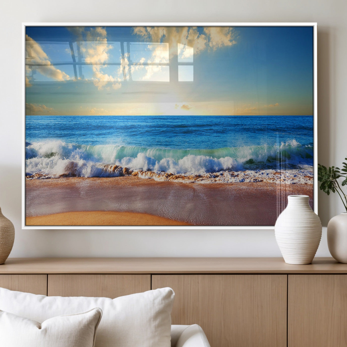 50522-MGV-FP-60X30-3P_White-Ocean Sunrise Wall Art – Peaceful Beach Waves and Golden Horizon Canvas Print, Coastal Seascape Decor for Home or Office