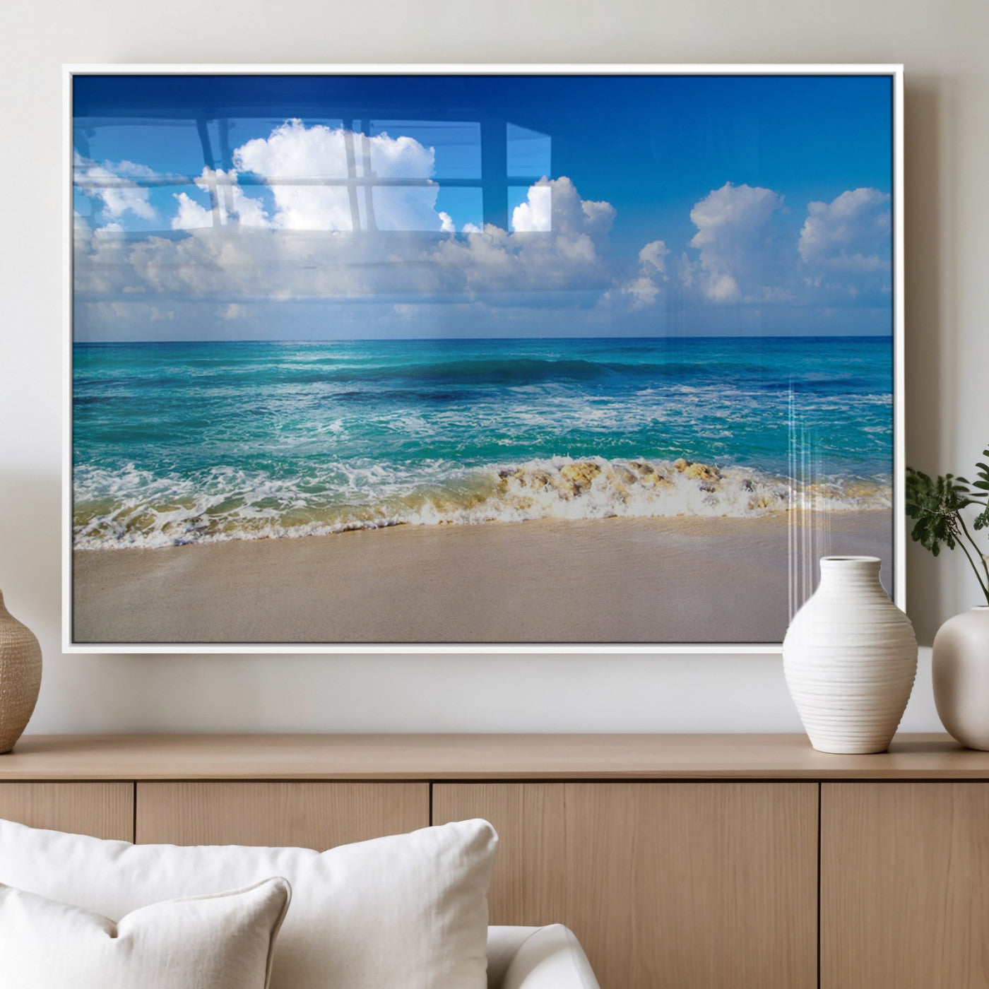 60364-MGV-FP-60X30-3P_White-Tropical Ocean Wave Wall Art – Serene Blue Sea and White Sand Beach Canvas Print, Coastal Landscape Decor for Living Room, Bedroom