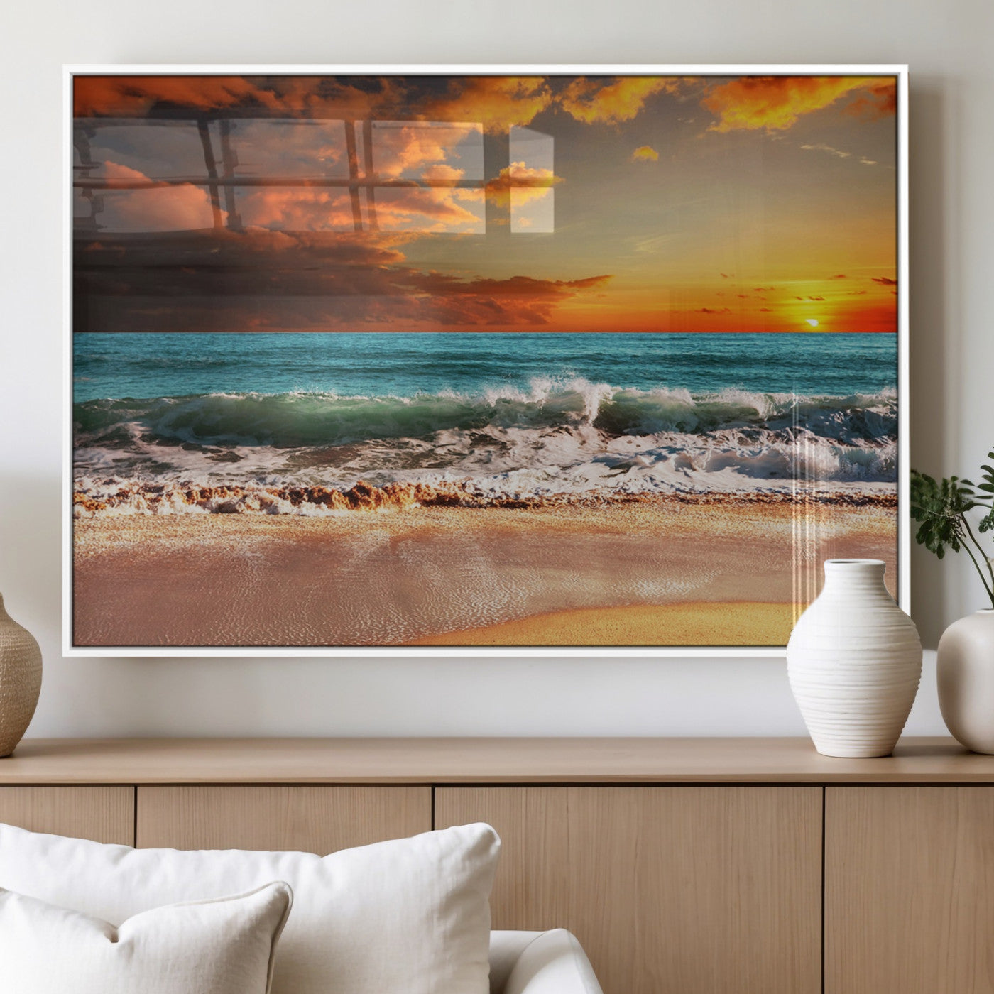72948-MGV-FP-60X30-3P_White-Ocean Sunset Wave Wall Art – Dramatic Seascape Canvas Print with Golden Sky and Crashing Waves, Coastal Beach Decor for Living