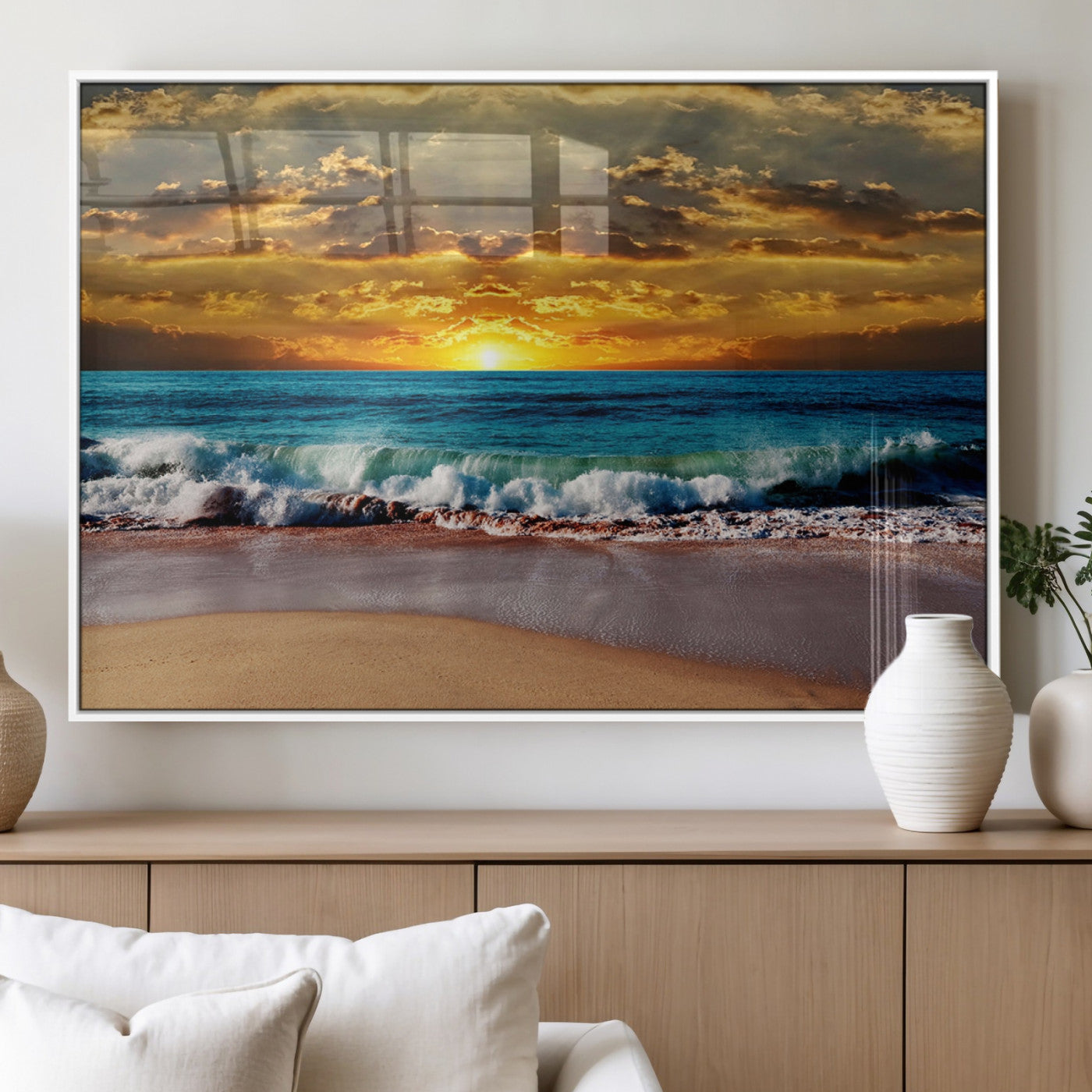 83389-MGV-FP-60X30-3P_White-Ocean Sunrise Wall Art – Vibrant Beach Waves Canvas Print, Coastal Seascape Decor for Living Room or Office