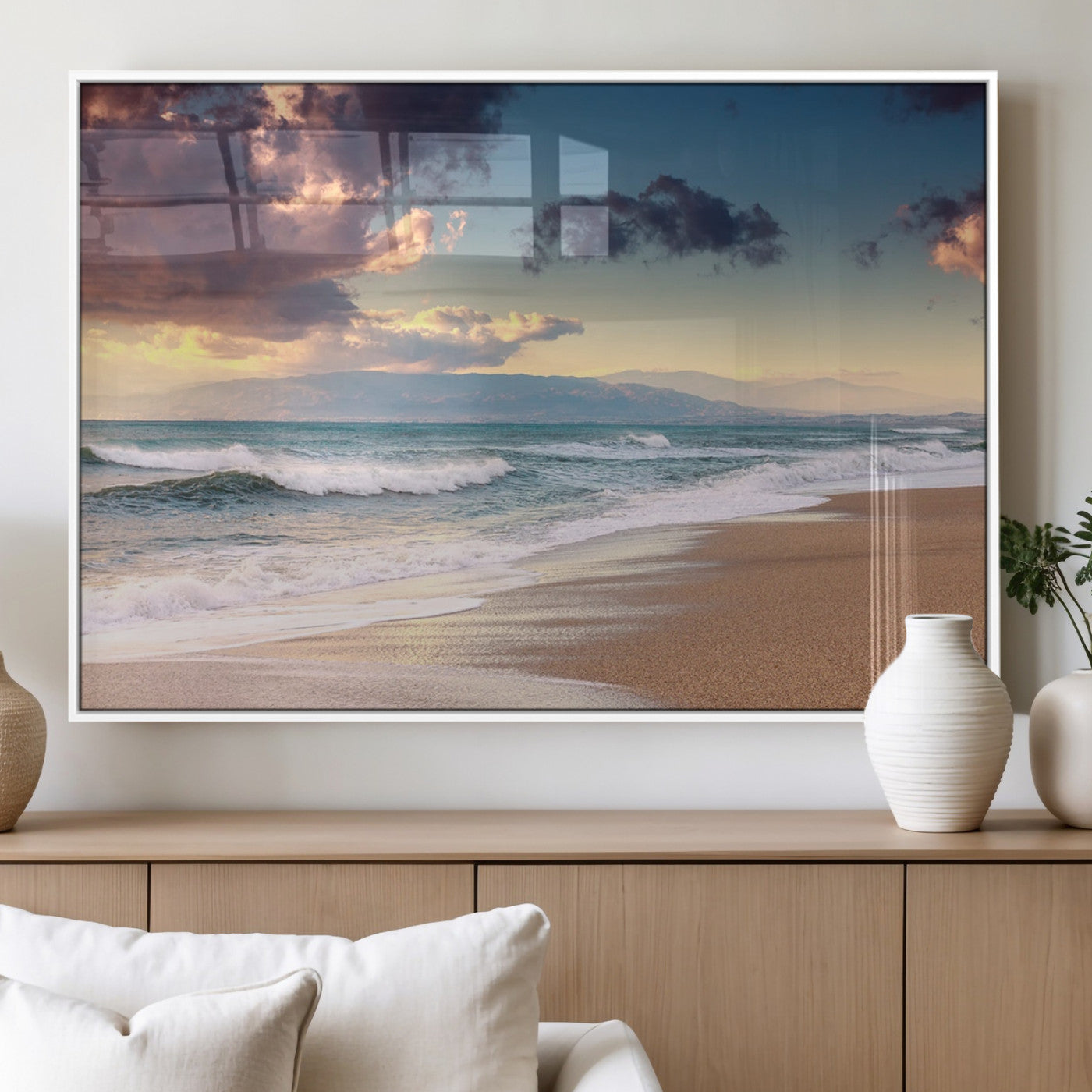 42253-MGV-FP-60X30-3P_White-Serene Beach Waves Wall Art – Tranquil Ocean Horizon Canvas Print, Coastal Seascape Decor for Living Room or Office Wall