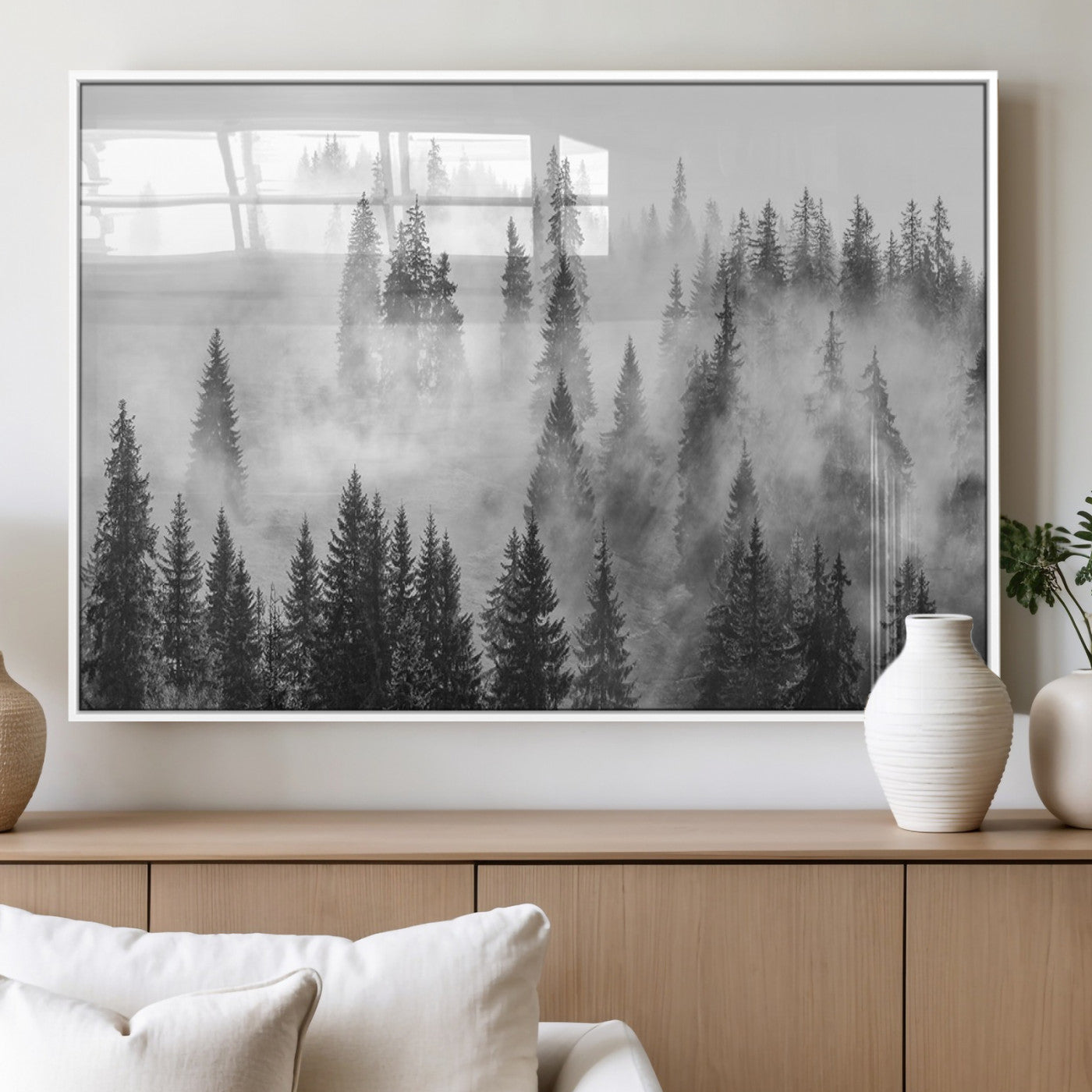 10422-MGV-FP-36X24-3P_White-Misty Pine Forest Wall Art – Black and White Foggy Landscape Canvas Print, Serene Nature Woodland Decor for Bedroom, Office or